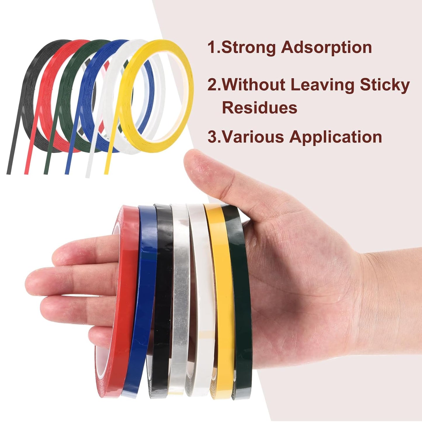 MECCANIXITY 6 Rolls Whiteboard Tape Graphic Chart Tape 3mm 54.7 Yard Art Tape Thin Pinstripe Tape Masking Tape for Gift Wrapping Craft Supplies, Red, Green, Blue, Yellow, Black, White