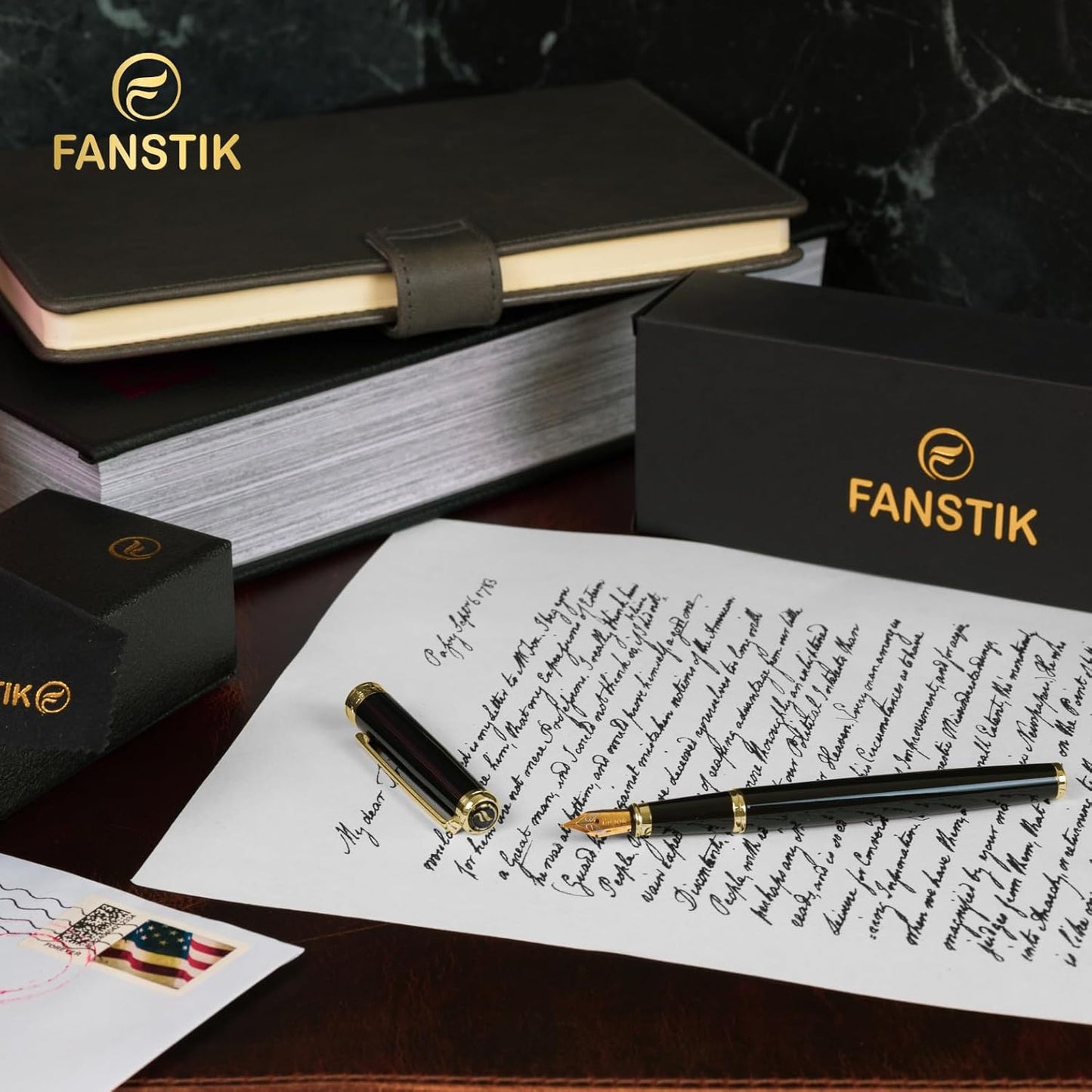 Customized Black & Gold Luxury fountain pen (Made In USA) fancy gift set for women, Real 24K Gold Plating, Professional executive pen gift set for men (Lux Custom-fountain Black-Gold)