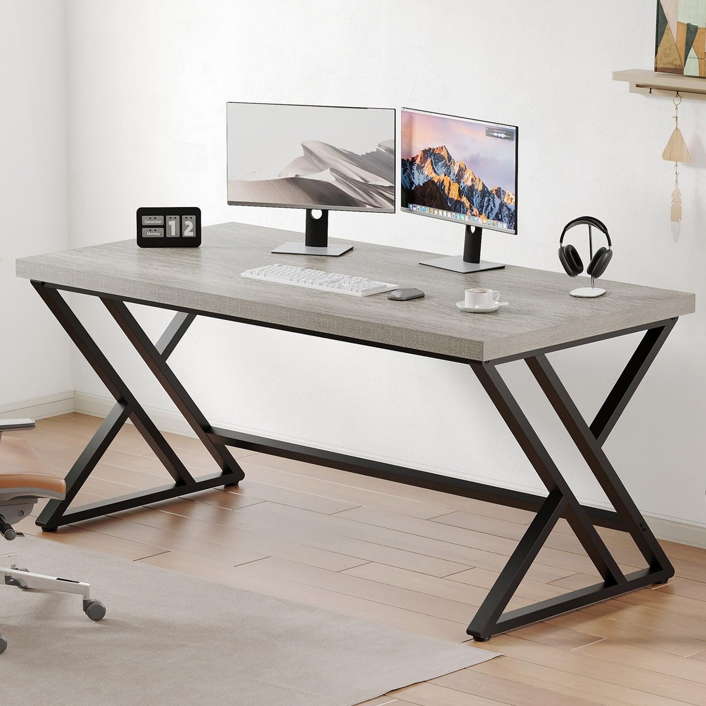 LVB Grey Computer Office Desk, Industrial Wood PC Gaming Gray Desk for Home Office, Modern Wooden Metal Study Work Bedroom Table, Farmhouse Executive Writing Desk with Storage, 55 Inch, Light Grey Oak