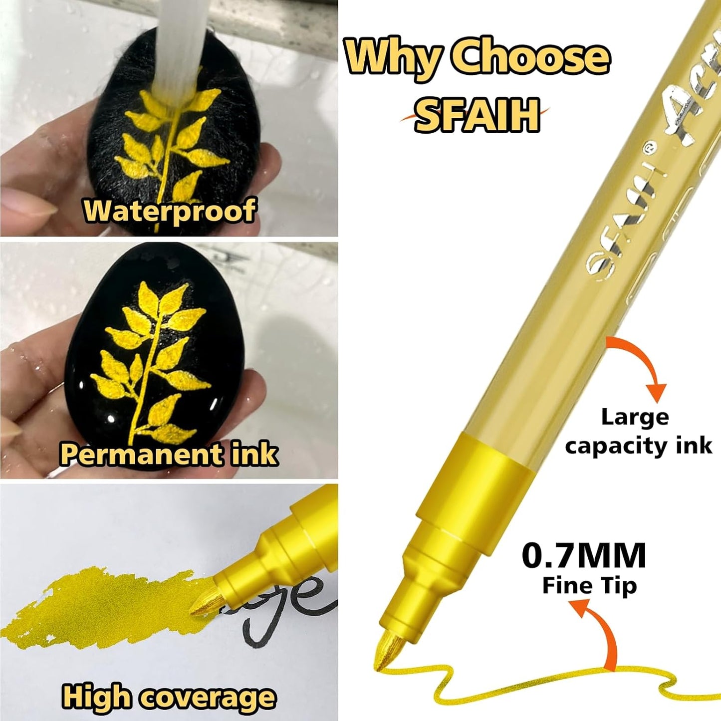 SFAIH Gold Paint Markers Pens - 4 Pack 0.7MM Fine Tip Metallic Acrylic Markers for Rock Painting, Wood, Metal, Fabric, Plastic, Canvas, Glass, Ceramic, Diy Crafts, Drawing, Tire
