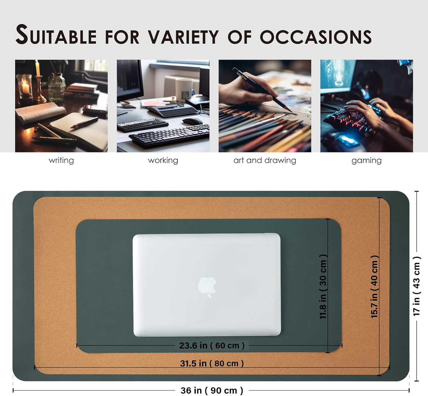Compact Cork Desk Mat - Small Dual-Sided Desk Pad for Office and Home - Desk Organization and Accessories - Ideal for Large Mouse Pad and Small Desk Mats on Top of Desks(Dark Green,23.6"x 11.8")