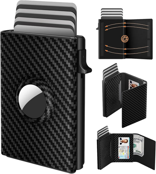 Mens Wallet Card Holder for AirTag - Genuine Leather Smart Wallet for Men Compatible with Apple Air Tag, RFID Blocking, Slim, Minimalist, 9-14 Card Capacity | ID Window | Cash Slot