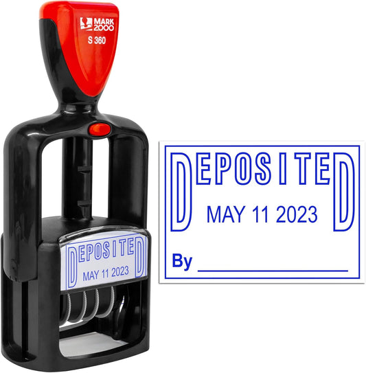 Self-Inking Rubber Date Office Stamp with Deposited Phrase - Blue Ink - 12-Year Band