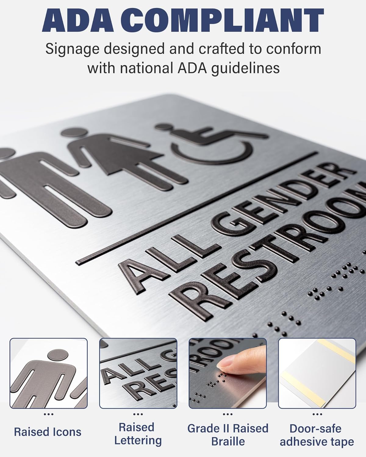 ADA-Mark Modern Restroom Sign for Business -2PK ADA Compliant Braille Bathroom Sign with Easy Installation - 6" W x 8" H