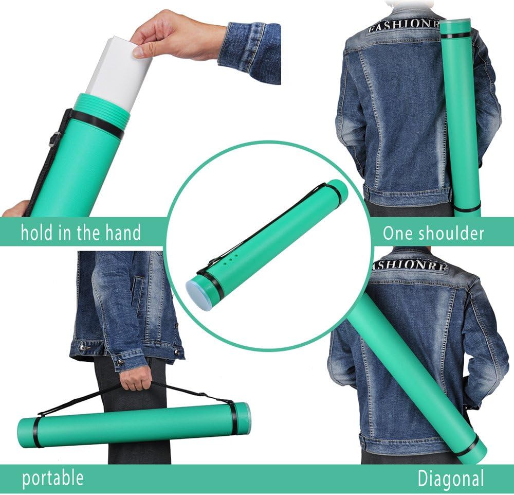 DEWEL Document Tube,Plastic Expanding Poster/Art/Document Storage Tube 24.5 to 40 inches Adjustable with Carrying Strap Waterproof and Light-Resistance Telescoping Carrying Case (Green-Large Size)