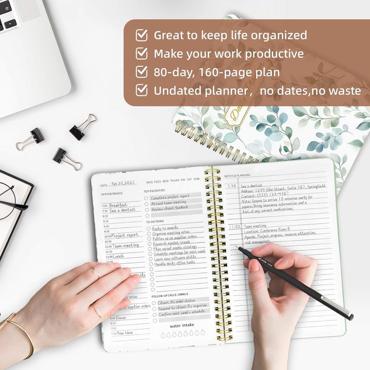 Undated Daily Planner - Spiral Notebook 80 Days One Day Per Page, Hourly Schedule, To-Do List, Notes, Everyday Planning Task, A5 Hardcover Journal Organizer Book Women Cute Aesthetic, Spring