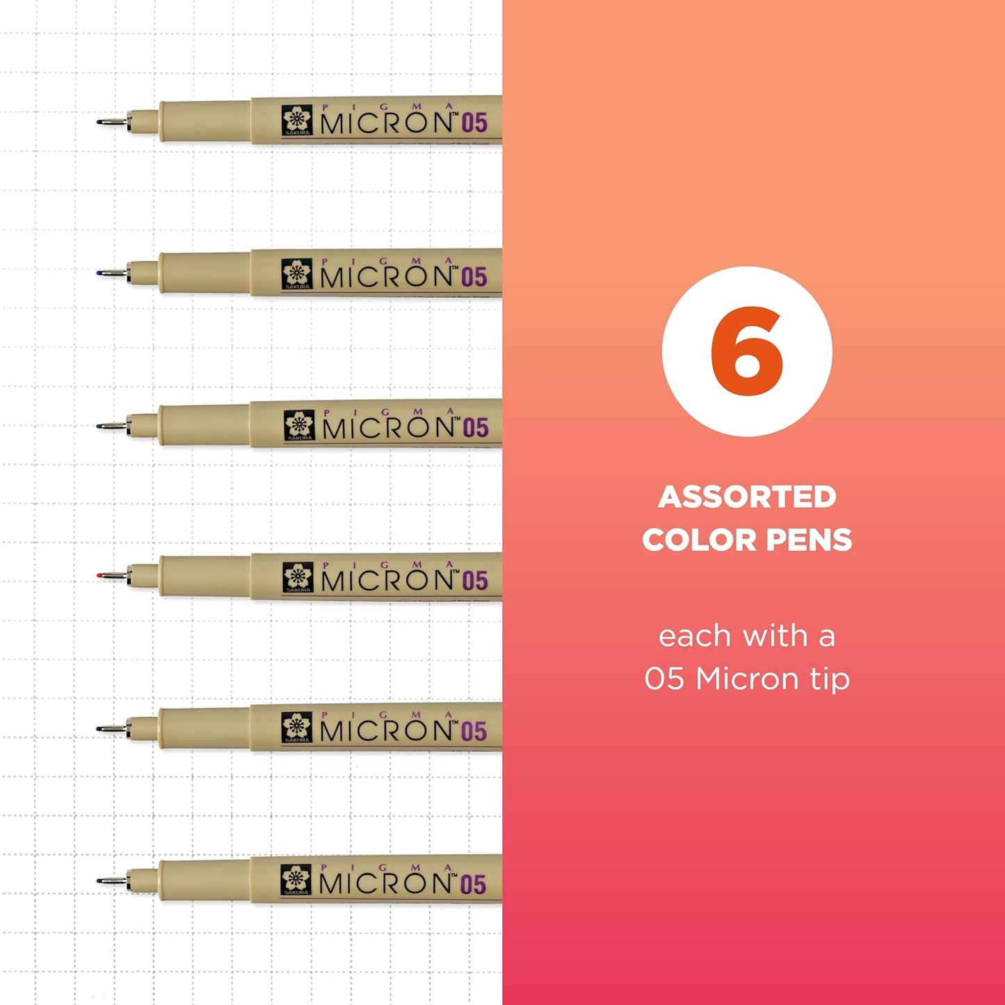 SAKURA Pigma Micron Fineliner Pens - Archival Black & Colored Ink Pens - For Writing, Drawing, or Journaling - Black & Colored Ink - 05 Point Size - 6 Pack