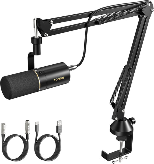 TONOR Dynamic Microphone, XLR/USB Microphone for Podcast, Recording, Streaming, Gaming, XLR Cardioid Studio Mic with Quick Mute, 3.5mm Headphone Jack, Volume Control, Mic with Boom Arm, White, TD510+