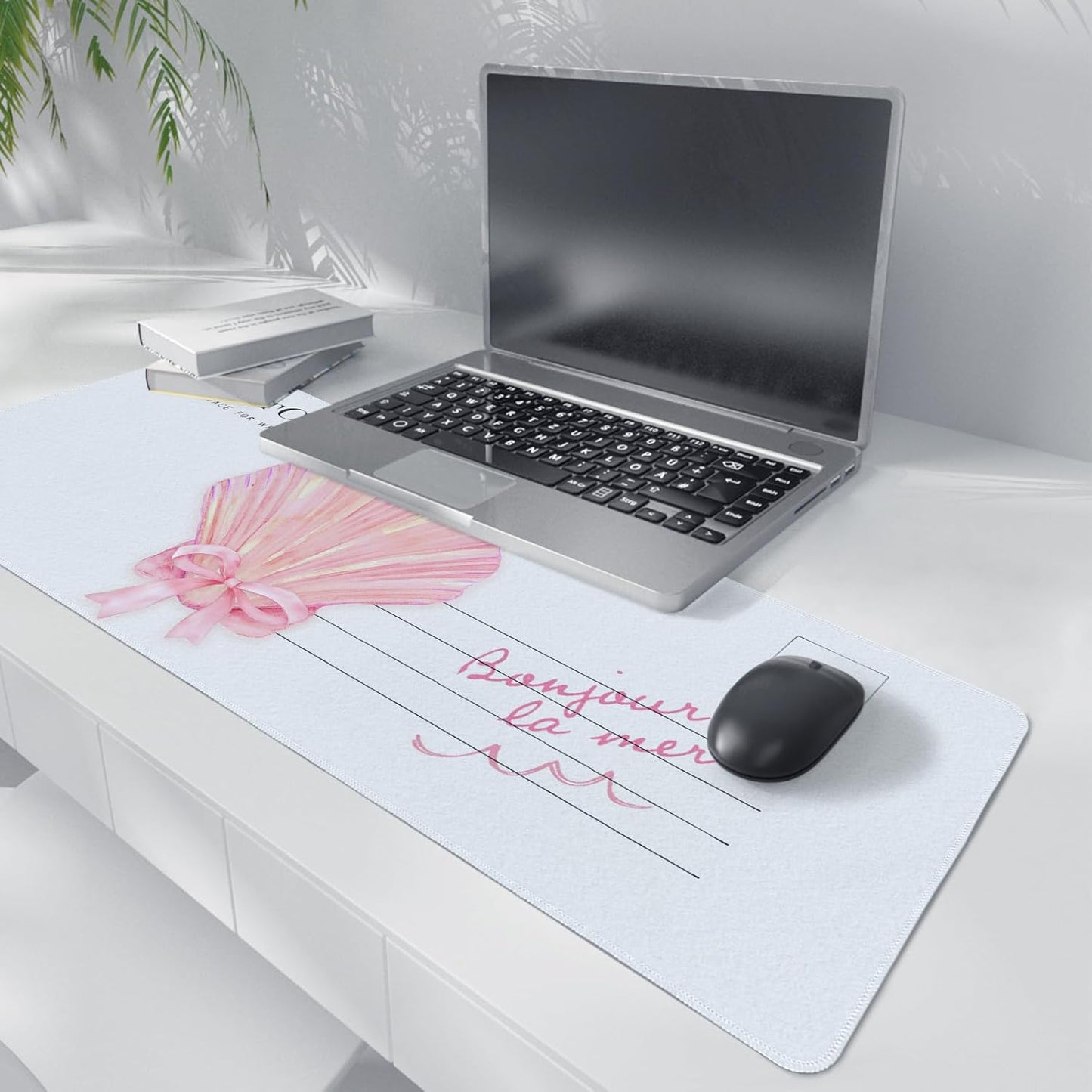 Pink Seashell Bow Mouse Pad,Ocean Themed Desk Mat,Pink XL Large Coastal Beachy Mouse Pad,Girly Summer Beachy Gaming Pads,Preppy Girly Desk Mat,Summer Beachy Desktop Decor Art,31.5x11.8 Inch