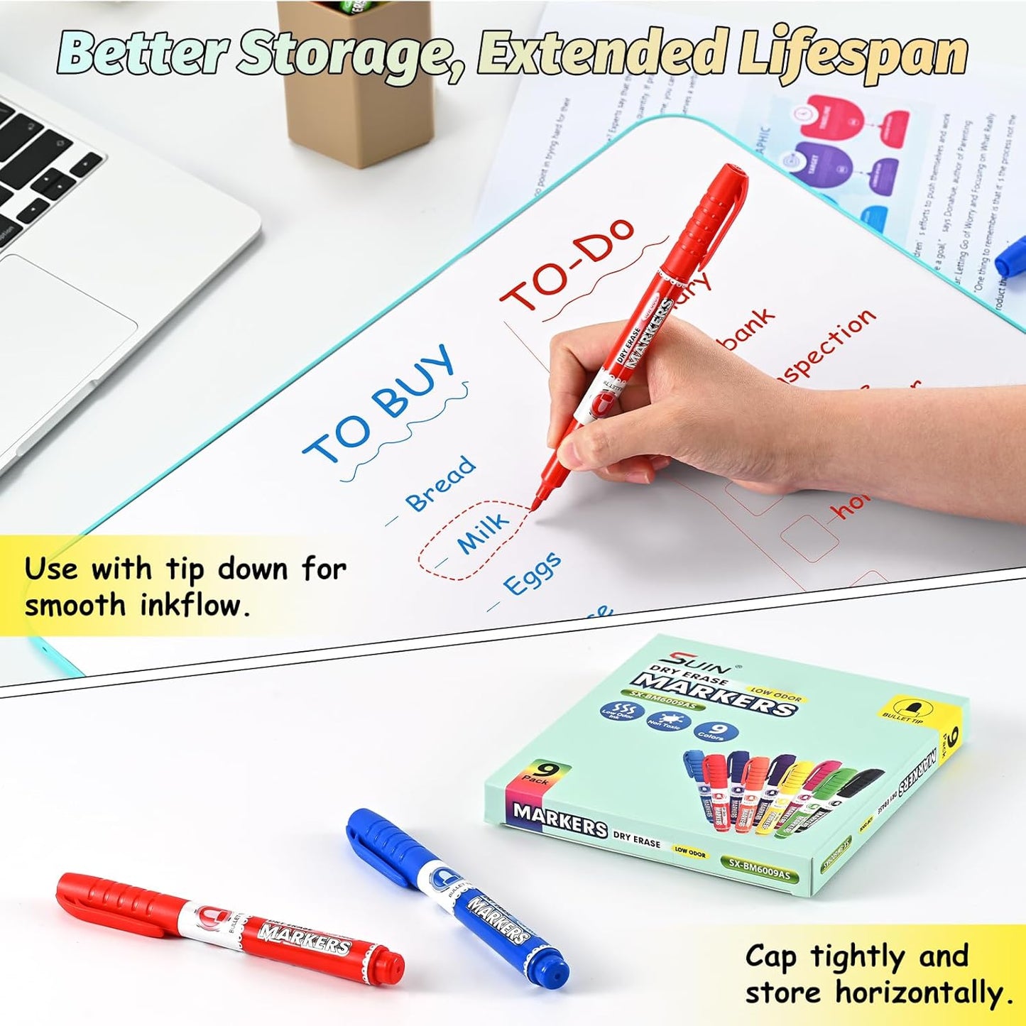 SUIN 9 Colors Dry Erase Markers - Low Odor, Non-Toxic, Slim Whiteboard markers, Medium Fine Tip Whiteboard Pens for Kids, Office, Classroom & Home, 9 Count