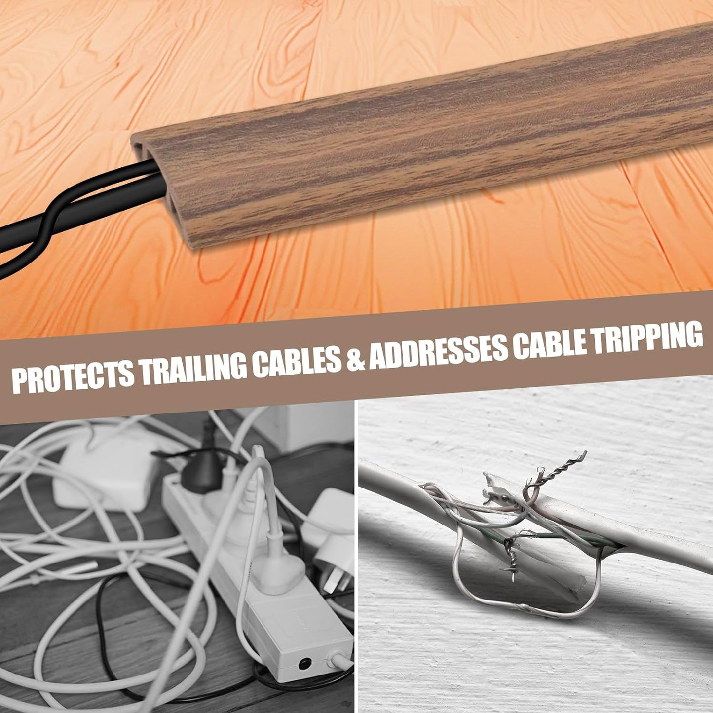 Floor Cord Cover Self Adhesive Cord Hider,10FT Cable Management, Extension Strip Protector for Wires, Prevent Cable Trips for Offices, Gyms, Exhibitions Cavity:0.3"(W) x0.28(H) Woodsmokedbrown