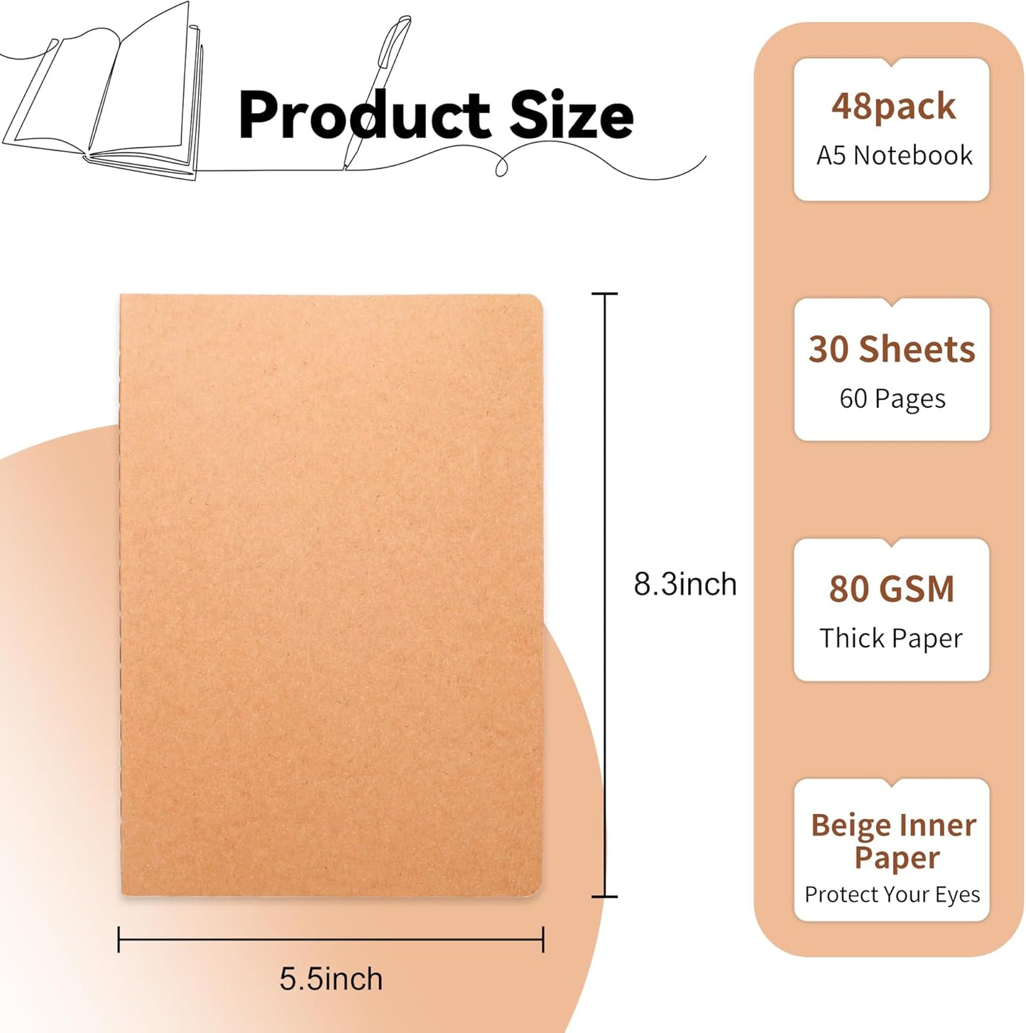 48 Pack Blank Kraft Notebooks, 8.3x5.5 Inches A5 Small Journals Bulk Blank Notebooks 80 Gsm Unlined with 60 Pages A5 Subject Notebooks Traveler Journal Set for Adult Students Back to School Supplies