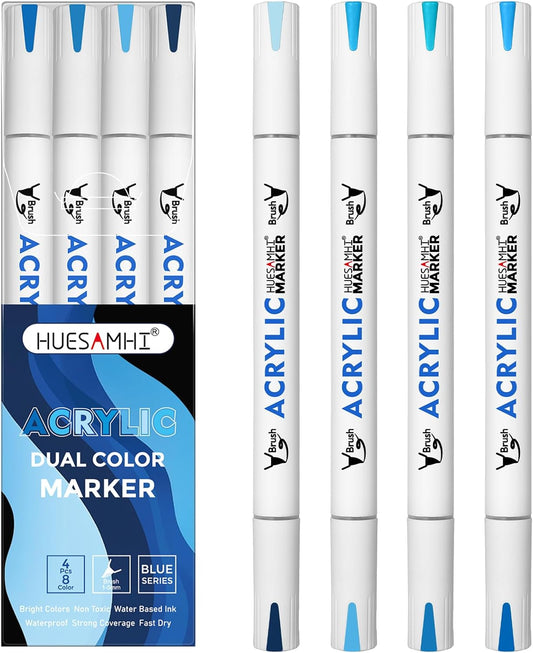 Dual Tip Brush Markers, 4 Pack Double Ended Acrylic Paint Pens - Permanent Water-Based for Rock Painting, Wood, Metal, Ceramic, Glass, Crafts & Kids Art Assorted Colors