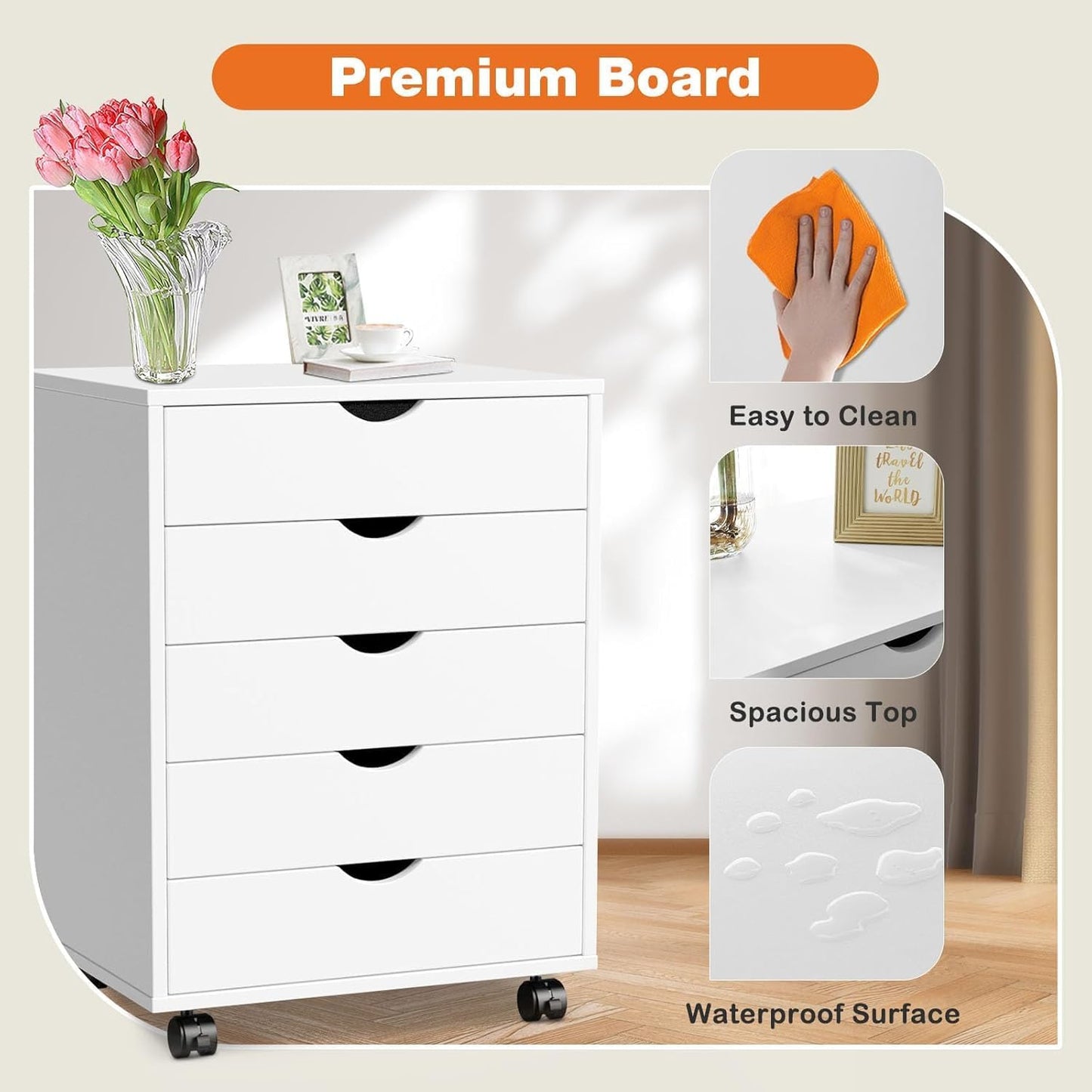 5 Drawer Chest, Dressers Storage Cabinets Wooden Dresser Mobile Cabinet with Wheels Room Organizer, Small Drawers Wood Organization Furniture for Office, Home