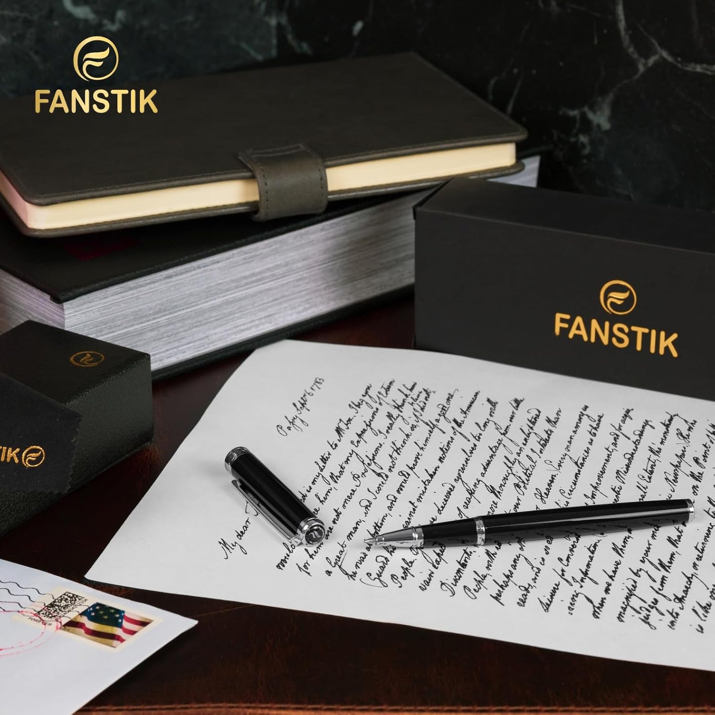 Customized Black & Silver Luxury Rollerball pen (Made In USA) fancy gift set for women, Real 24K Gold Plating, Professional executive pen gift set for men (Lux Custom-Rollerball Black-Silver)