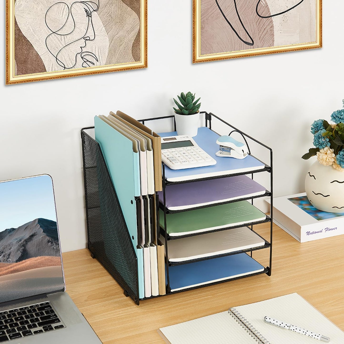 Desk Organizers and Accessories, 5-Tier Paper Letter Tray Organizer with File Holder, Desktop Organizer for Office Supplies (Black)