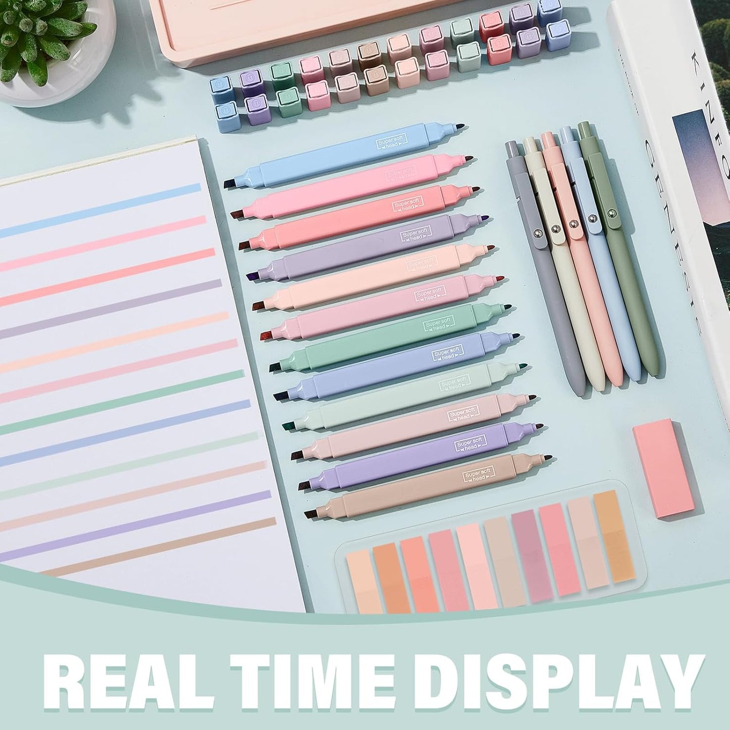 Jutom 38 Pcs Book Annotation Kit Aesthetic Highlighters Gel Pens Set Sticky Notes Tabs Markers Dual Ended Highlighter Quick Dry Ink Pens for Office Annotating Books(Pink Series,Square)