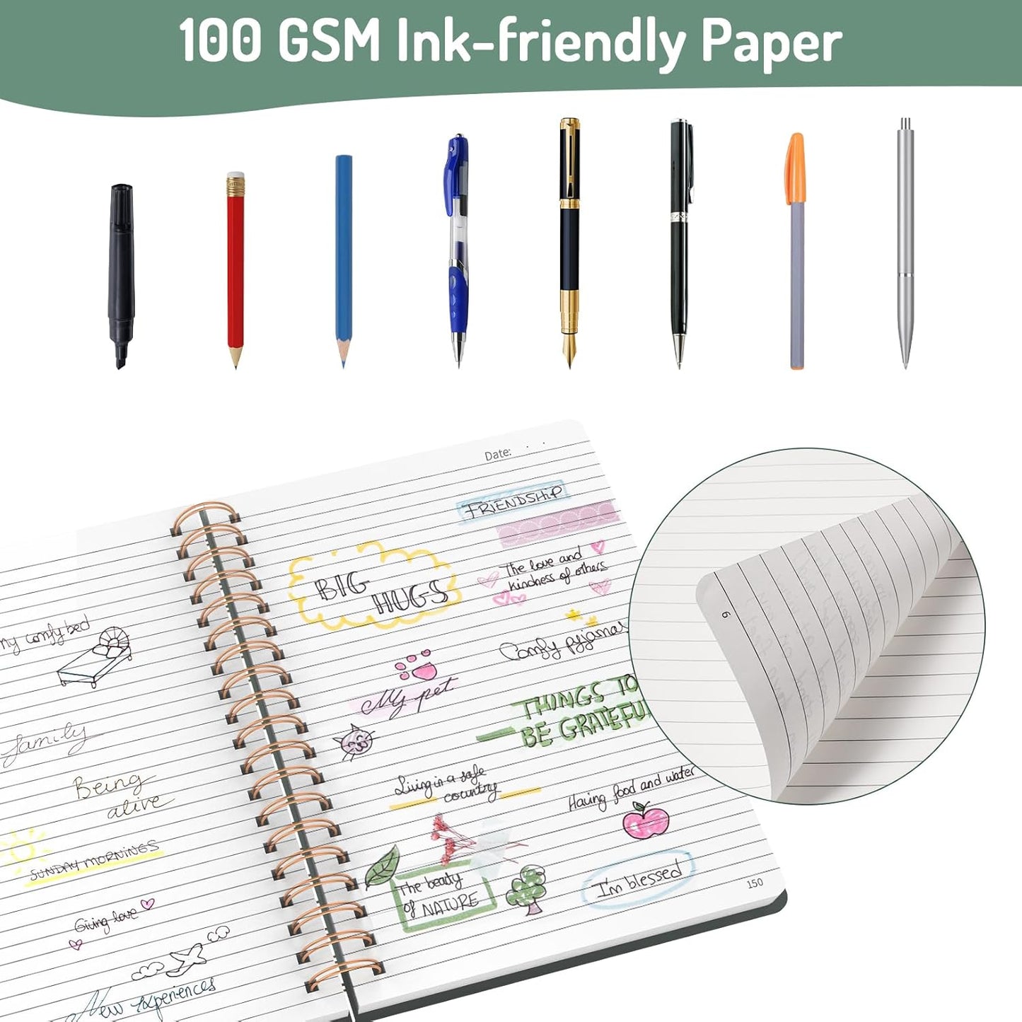 Forvencer A4 Lined Spiral Journal Notebook with 300 Numbered Pages, 11" X 8.5" Thick Journals for Writing with 100GSM Paper, Hardcover Notebooks with Contents for Work, School, Dark Green