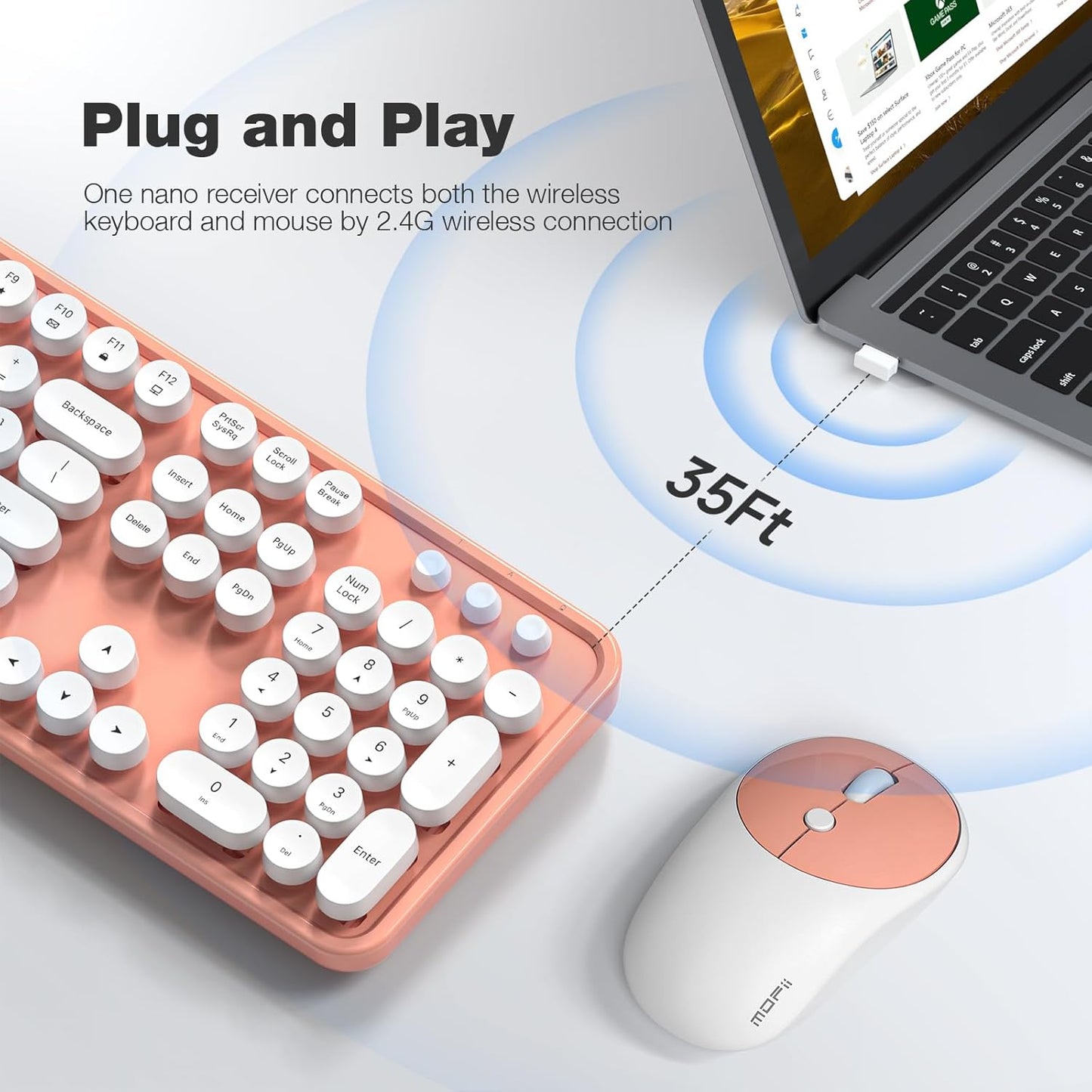 MOFII Wireless Keyboard and Mouse Combo, Computer Full Size 2.4G Plug and Play Wireless Typewriter Retro Round Keyboard and Mouse Set for Windows, Computer, Desktop, PC, Notebook - (Light Orange)