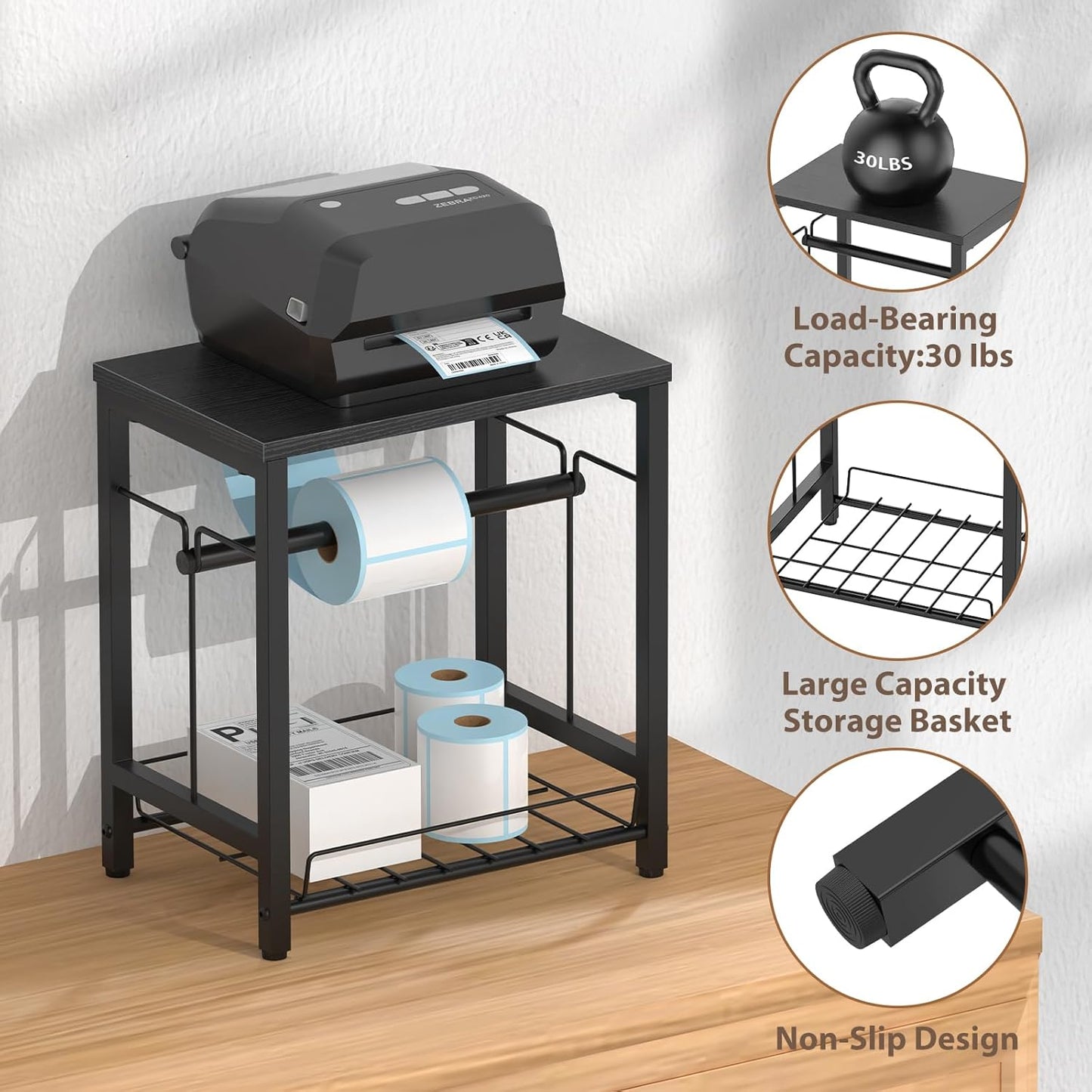 NANANARDOSO Label Holder for Thermal Printer with Basket,Wooden Label Holder for Shipping Label Printer,Sticker Roll Holder for Home, Office Small Business,Black