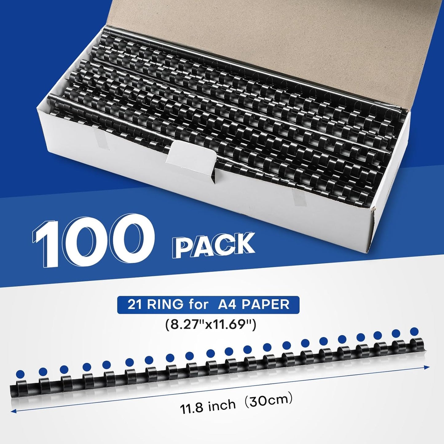 MYFULLY 100 Pack 21 Ring Plastic Comb Binding Spines | 1/4 Inch Diameter, 20 Sheet Capacity, A4, Black Binding Comb (1/4" (20 Sheet Capacity))
