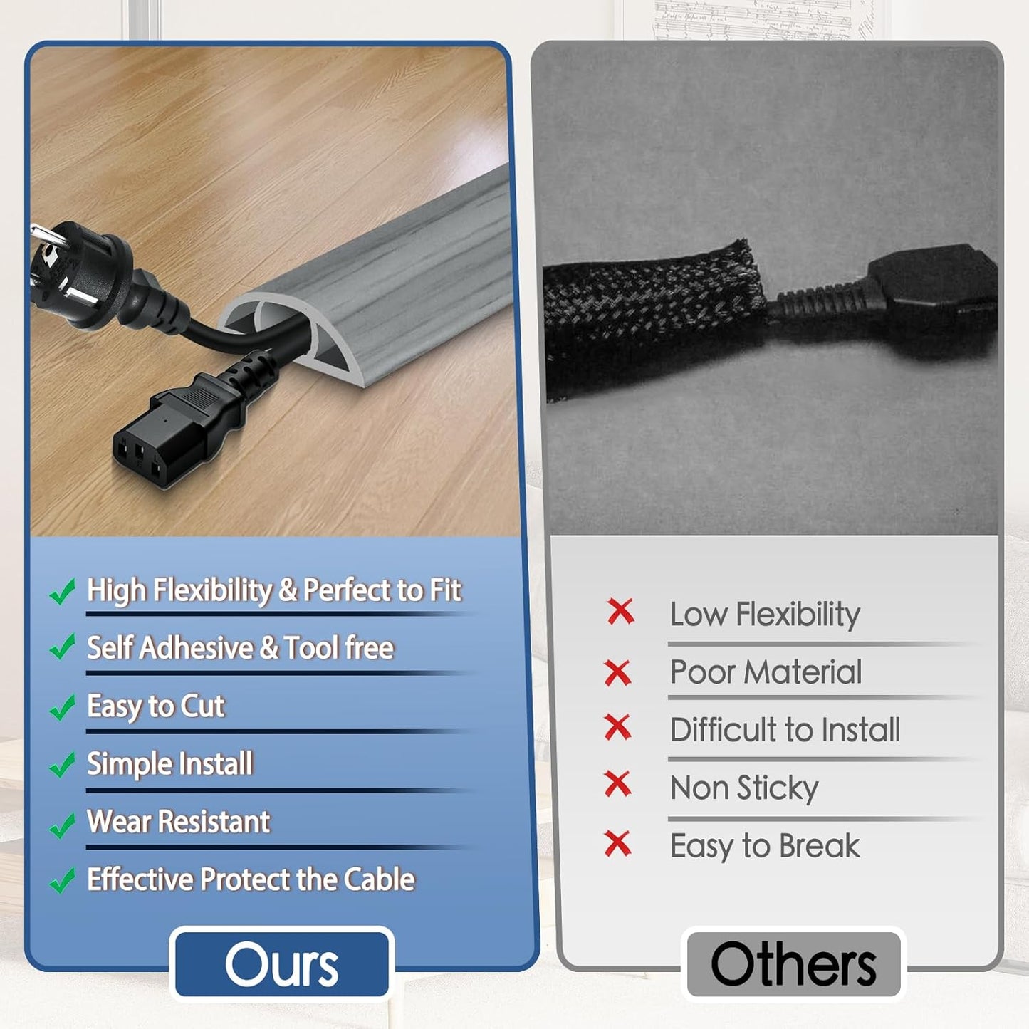 Floor Cord Cover for Wires on Floor Self Adhesive Cord Hider Floor Cable Management Wire Covers for Cords Protector Prevent Cable Trips Cord Cavity W 0.47" x H 0.27", Gray Wood, 10Ft