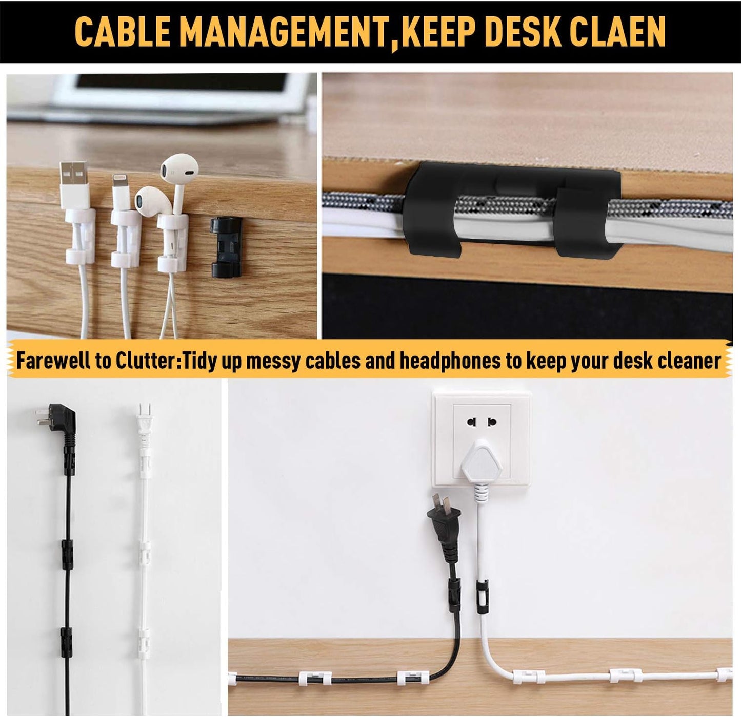 Cable Clips with Strong Self-Adhesive, XIAOXI Cable Management TV PC Wire Holder Sticky Tidy and Organizer Cord and Wires - 40 Pcs (Black)