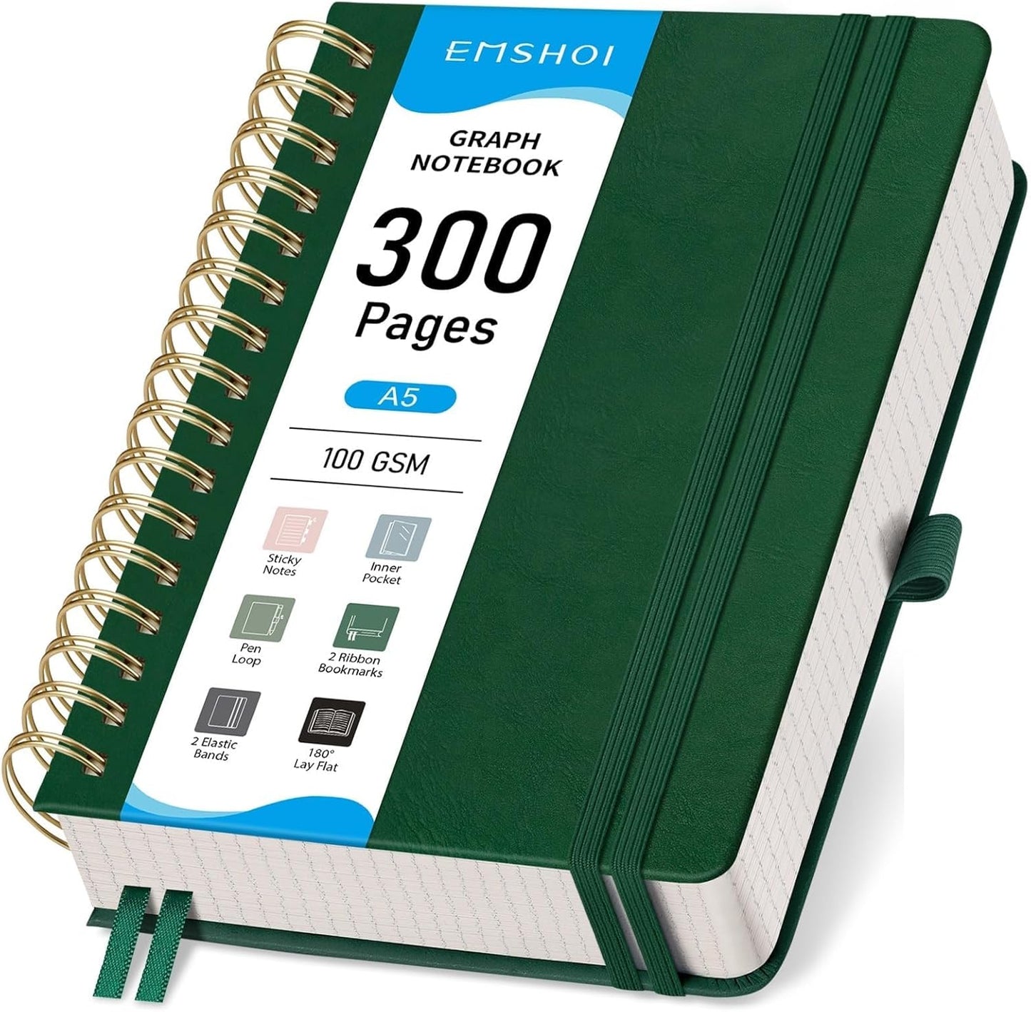 EMSHOI Spiral Graph Paper Notebook - 300 Pages, 100 GSM Thick Grid Notebook, A5 Small Hardcover Leather Journal for Women Men Writing Engineering Graphing, 5.7" x 8.22", Dark Green