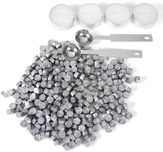 Silver Sealing Wax Beads, Yoption 300 Pieces Octagon Wax Seal Beads Kit with 2 Melting Spoon and 4 Candles for Seal Stamp (Silver)
