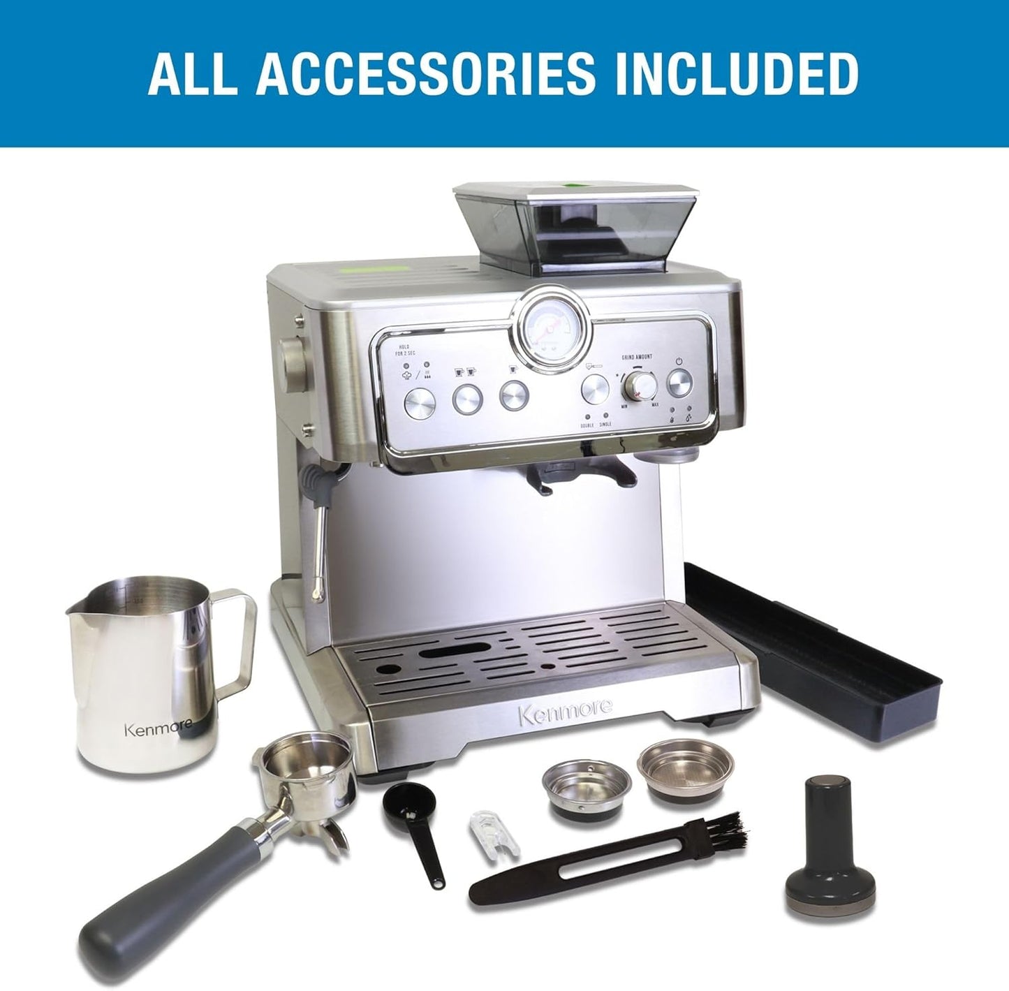 Kenmore Espresso Machine - Semi Automatic Coffee Maker With Auto Tamper, Auto Cleaning, Milk Steamer & Frother, Bean Grinder, Make Professional Barista Style Cappuccino, Café Latte, Stainless Steel