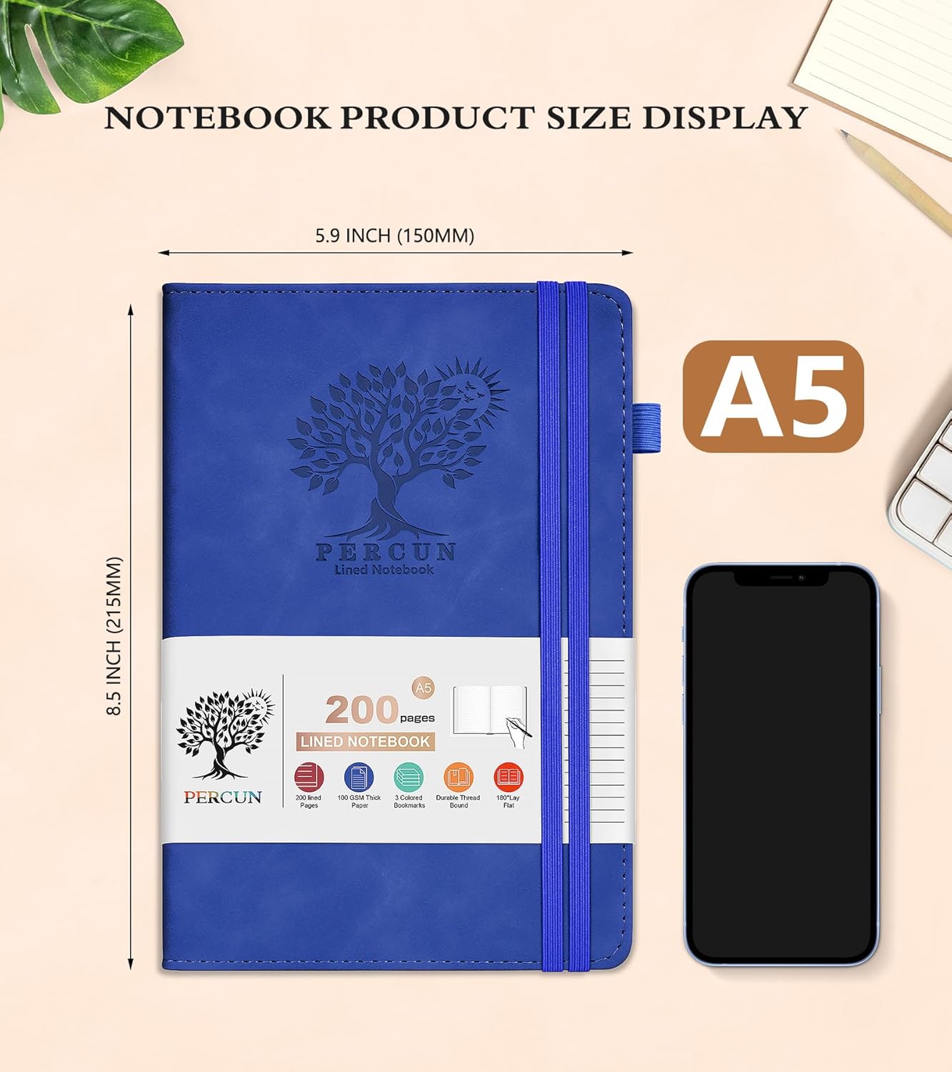 Lined Journal Notebook for Men & Women,200 Pages A5 Hardcover Leather Notebook (5.9"x8.5"), Travel Journal for Work, School, Business Writing, Note Taking, Notepad Diary (Navy)