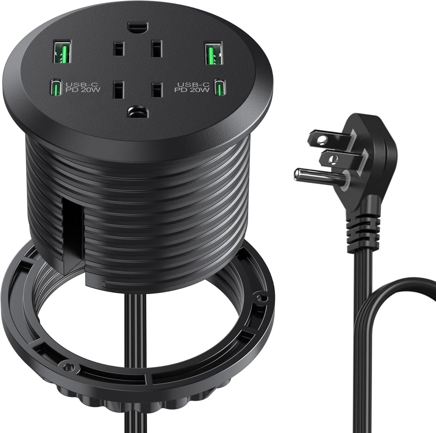 3 inch Desktop Power Grommet with PD 20W USB C,Furniture Recessed Power Strip,2 Outlets,4 USB Ports,40W Total,Flush-Mount for Desktop, Workspace Essential Desk Outlet (Black, 3 FT Cable)