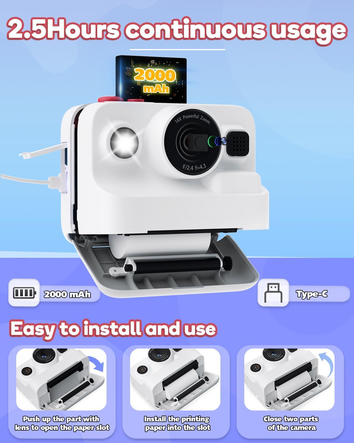 Instant Print Camera for Kids,2.4 Inch Screen Kids Instant Cameras, Christmas Birthday Gifts for Girls Age 3-12, Portable Toddler Toy for 3 4 5 6 7 8 9 10 Year Old Girls Boys White