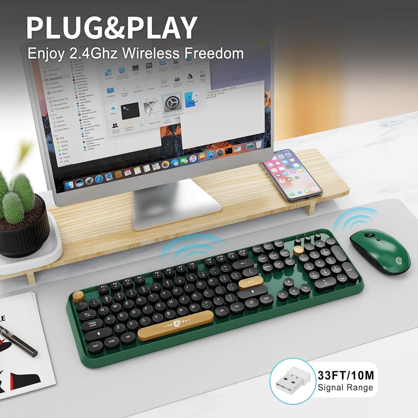 FOPETT Wireless Keyboard and Mouse Combo, 104 Keys Full-Sized 2.4 GHz Round Keycap Colorful Keyboards, USB Receiver Plug and Play, for Windows, Mac, PC, Laptop, Desktop (Black Green)