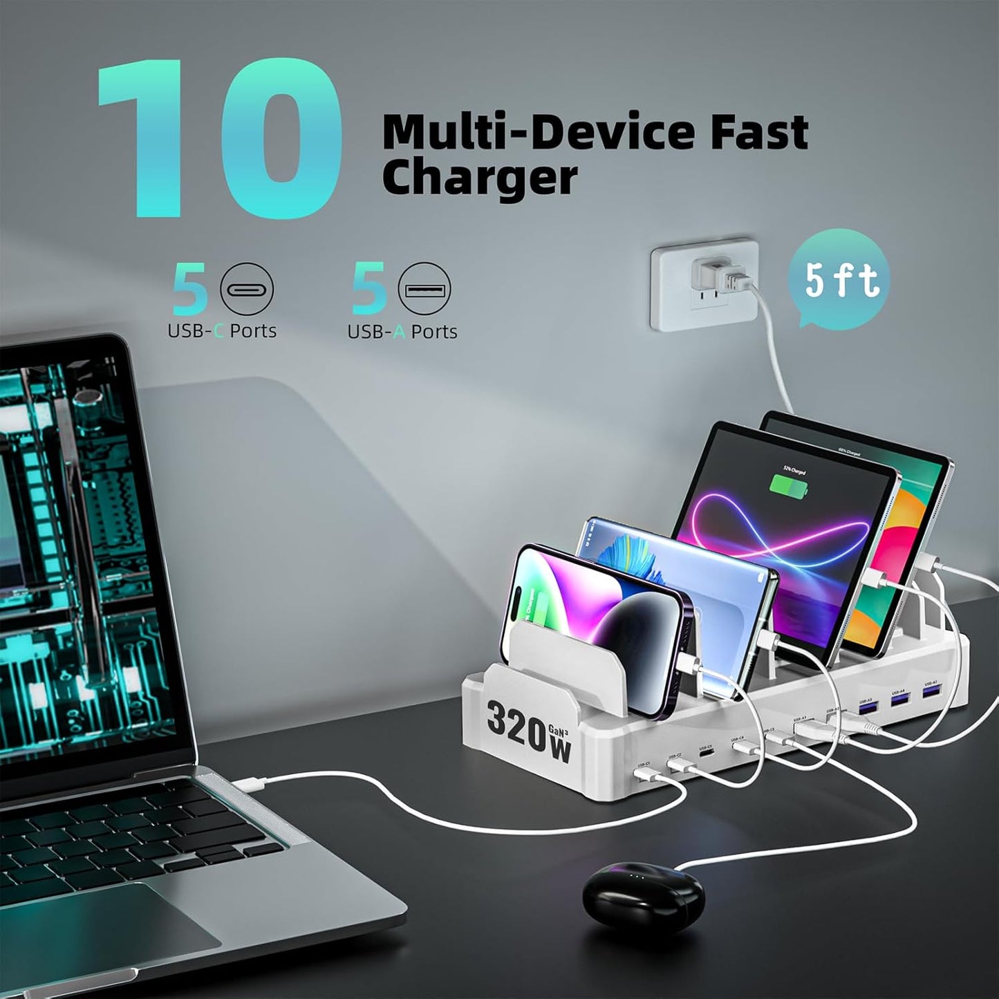 320W Charging Station for Multiple Devices, Zobirez 10-Port USB C Fast Charger Stations for MacBook, iPhone, Android Cell Phone, iPad, Tablet, Family Multi-Device Organizer Charging Dock, White