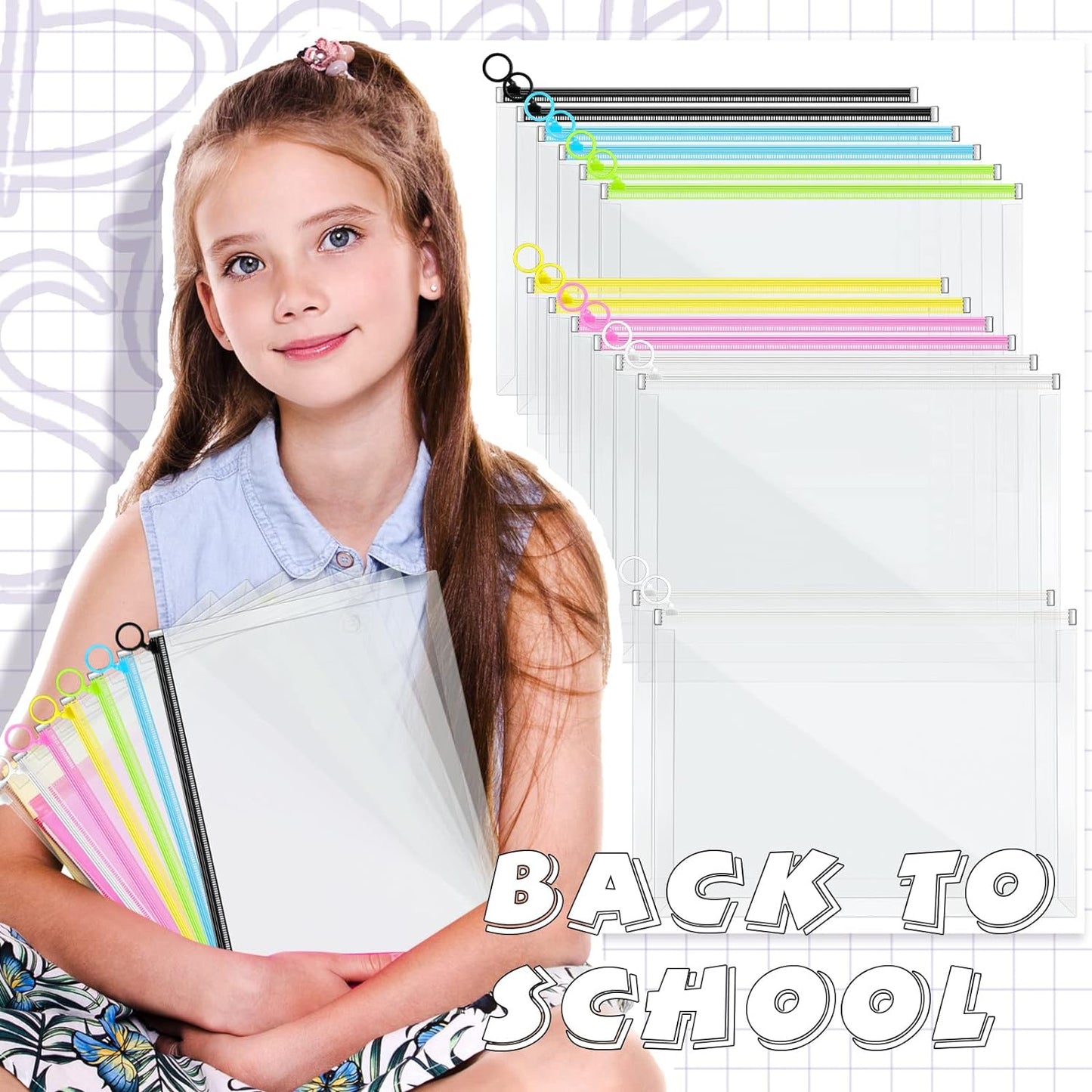 Yexiya 14 Pcs Back to School Clear Plastic Zip Envelope A4 Zipper Document Folder 13 x 9.7In File Folder Expanding Envelope Pouch for Paper Pencil Storage Office Supplies (Stylish Colors)