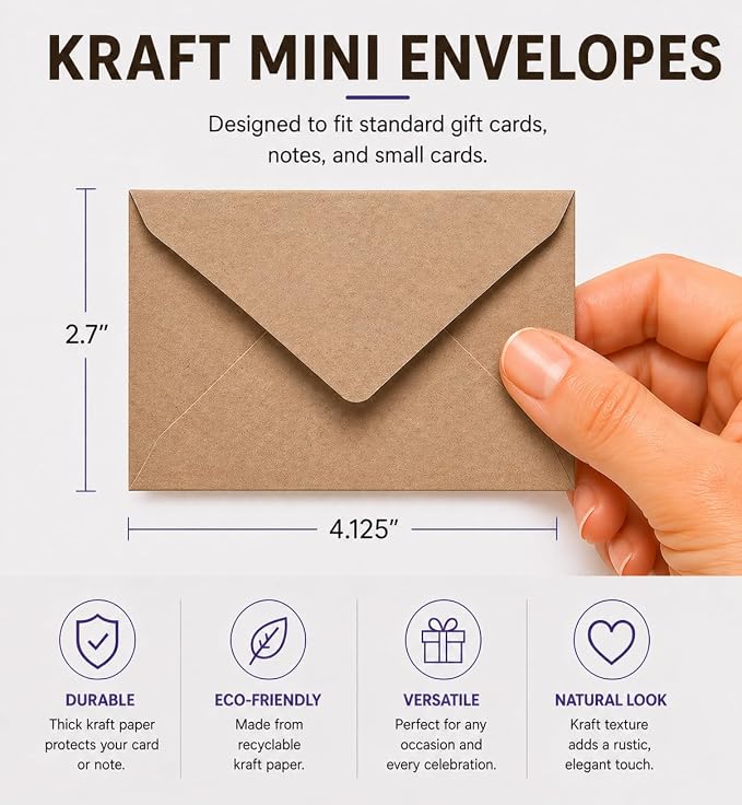 100 Pack Mini Kraft Envelopes, Small Gift Card & notes envelopes - Image 2