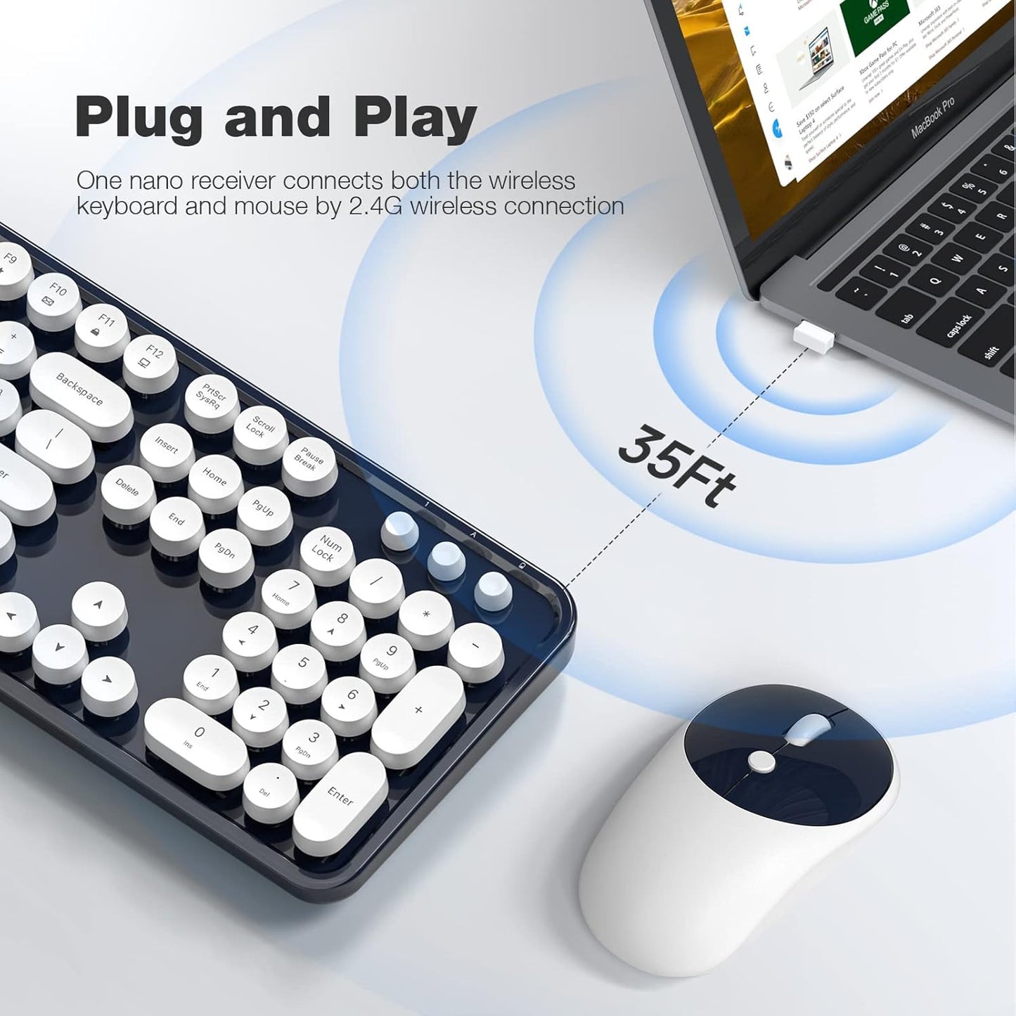 Wireless Keyboard and Mouse Combo, 104 Keys Full-Sized Typewriter Keyboards and Retro Mouse, 2.4 GHz USB Receiver Plug and Play, for Windows 7 8 10, PC, Laptop, Desktop (Dark Blue)