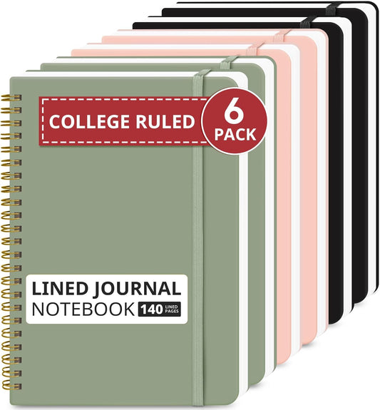Taja Lined Spiral Journal Notebook for Work, 6 Pack, 140 Pages, College Ruled Hardcover Notebook Journal for Women, 6 Pcs, Journals for Writing, A5(6"x8") - Multi