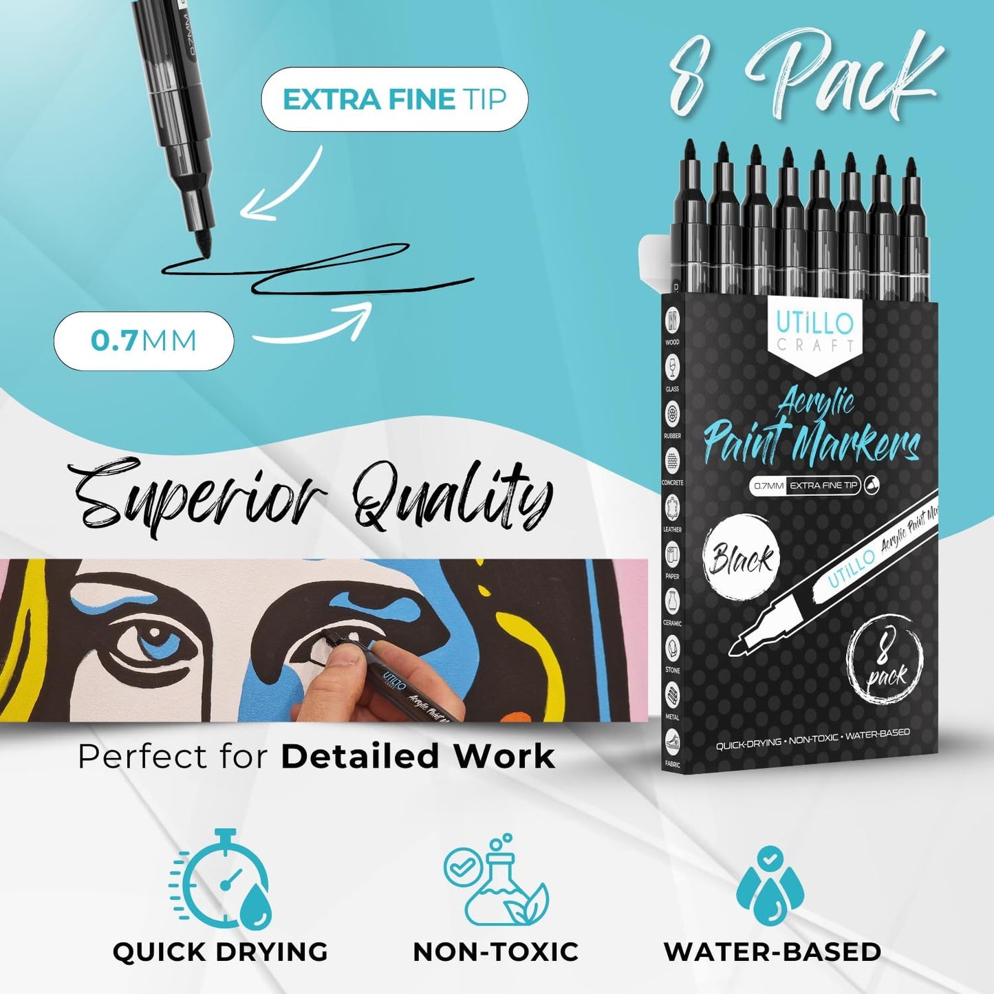 Utillo Craft Black Extra Fine Paint Pens (8-Pack) - 0.7mm Precision-Manufactured Japanese Tip - Quick-Drying, Permanent, Waterproof - For Stone, Wood, Glass, Paper, Fabric, Canvas, Metal & More
