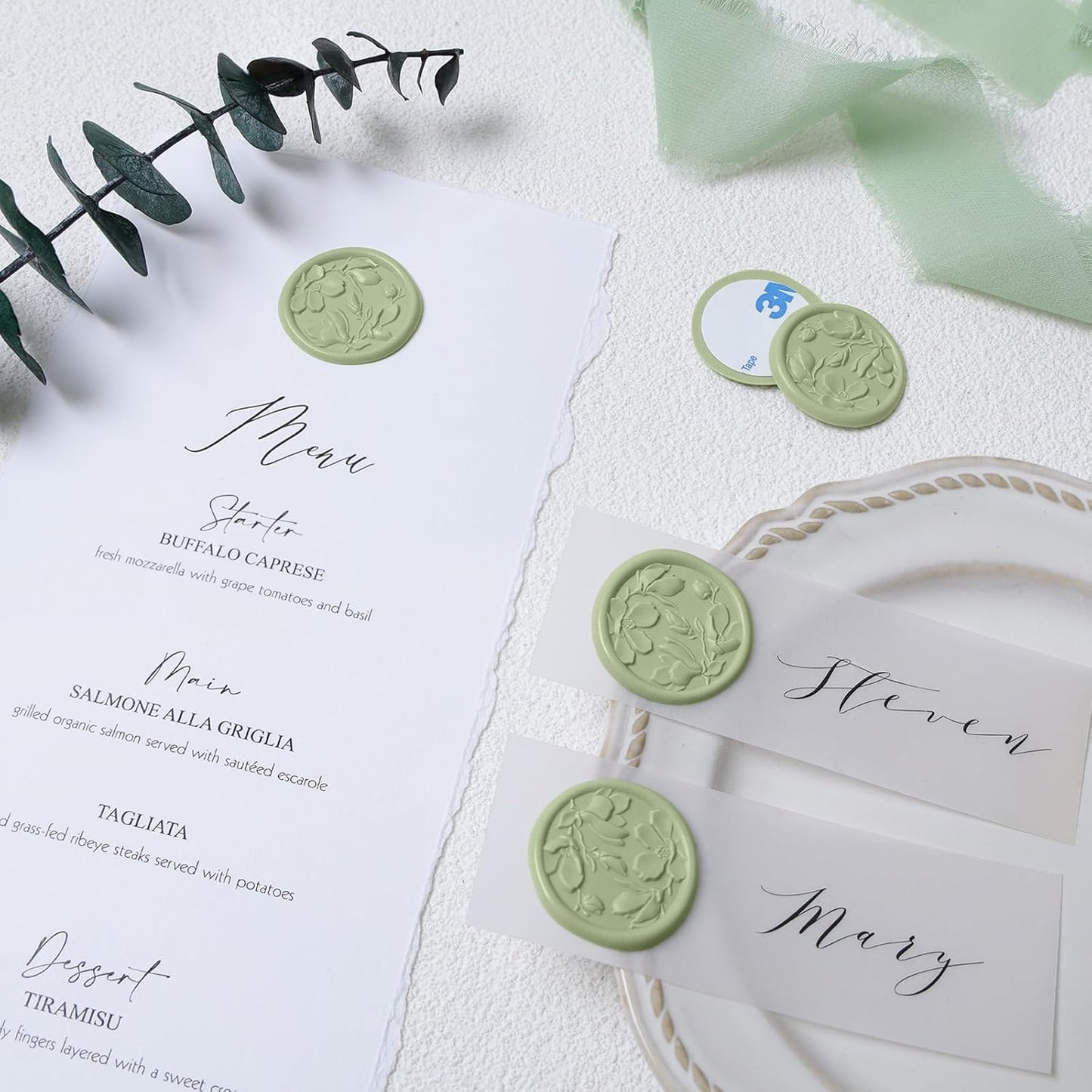 UNIQOOO Wax Seal Stickers - 3D Magnolia Wedding Invitation Envelope Botanical Seal Stickers, 50 Pcs Self- Adhesive Sage Green Stickers, Perfect for Invitation, Christmas, Gift Wrapping, Party