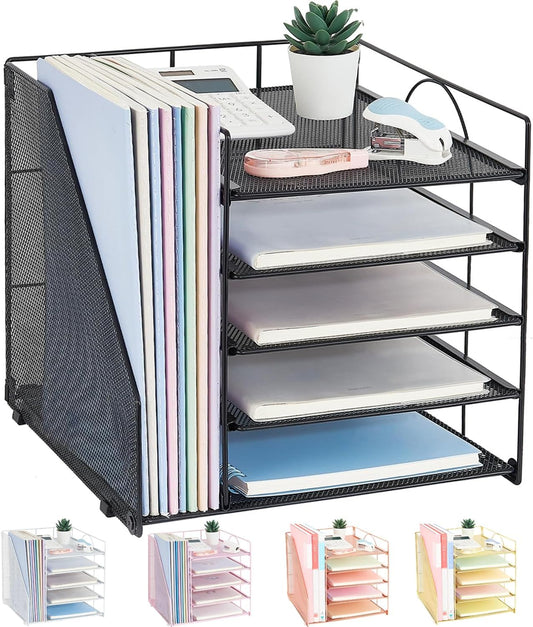 Desk Organizers and Accessories, 5-Tier Paper Letter Tray Organizer with File Holder, Desktop Organizer for Office Supplies (Black)