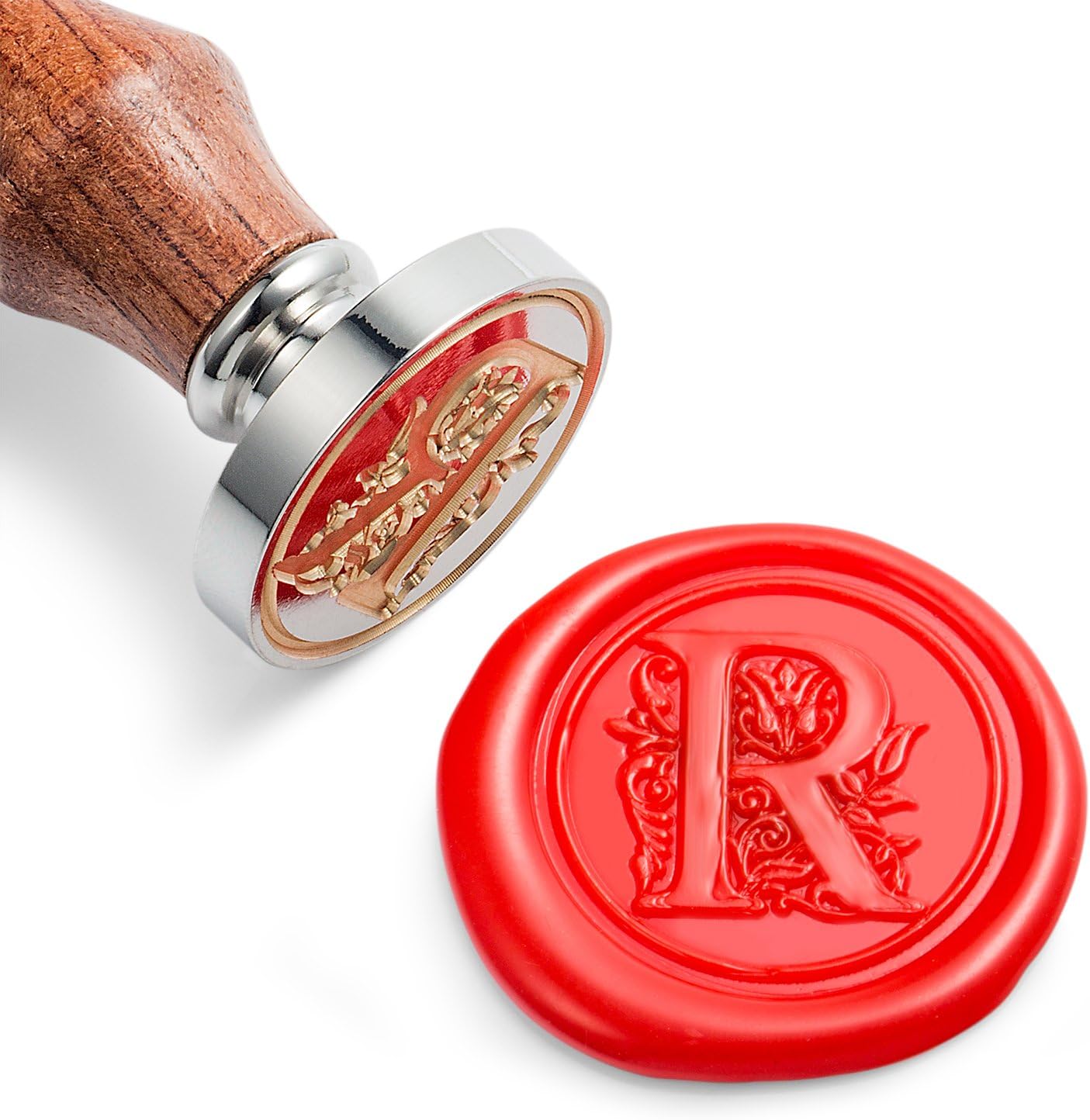 Mceal Wax Seal Stamp, Large Seal 1 1/5"(30mm) Dia, Silver Brass Head with Wooden Handle, Regal Letter A to Z Series (Letter R)