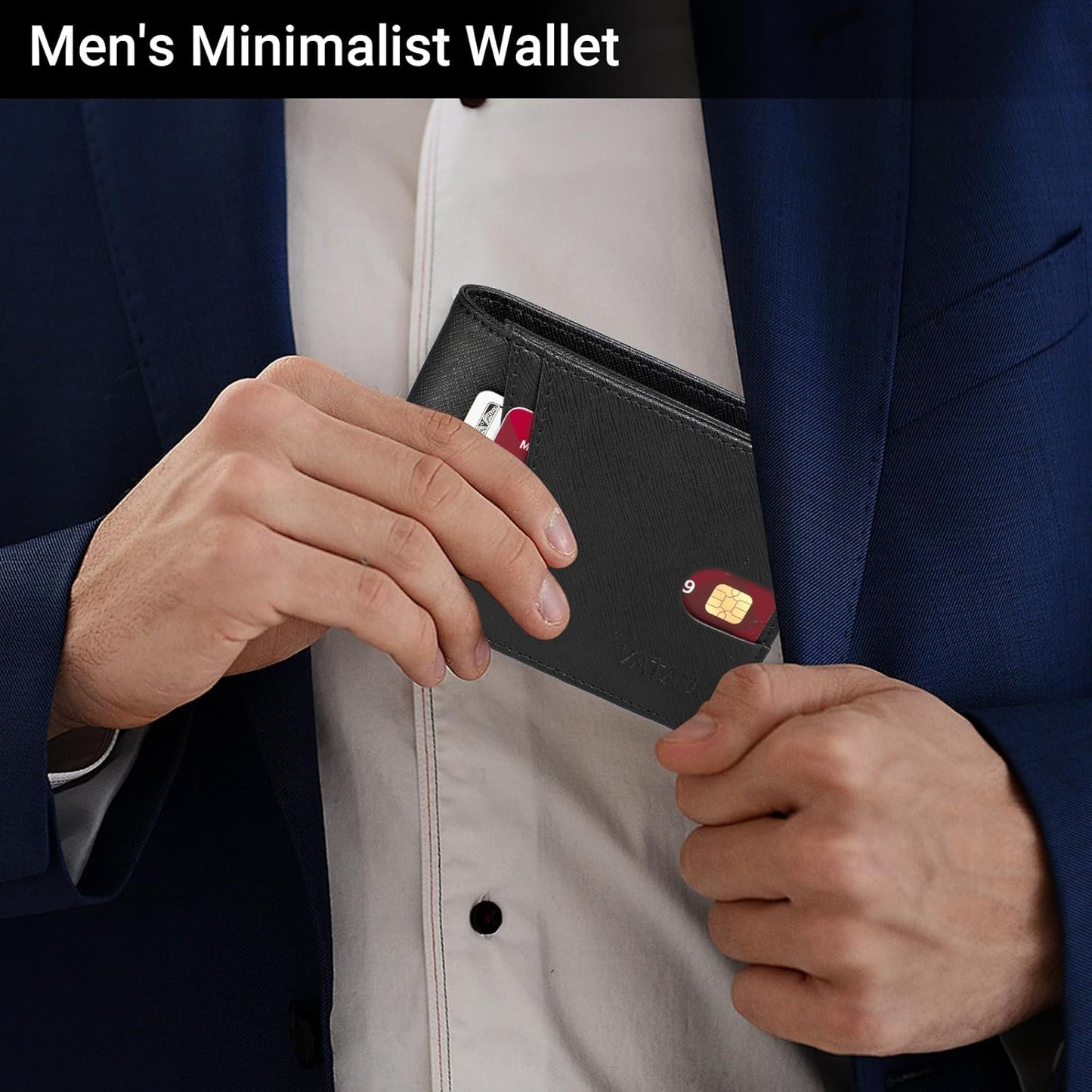 VATAN Wallet for Men, Mens Minimalist Wallet Credit Card Holder, Slim Leather Rfid 2 ID Window Large Capacity With Gift Box (Cross Grain Black)