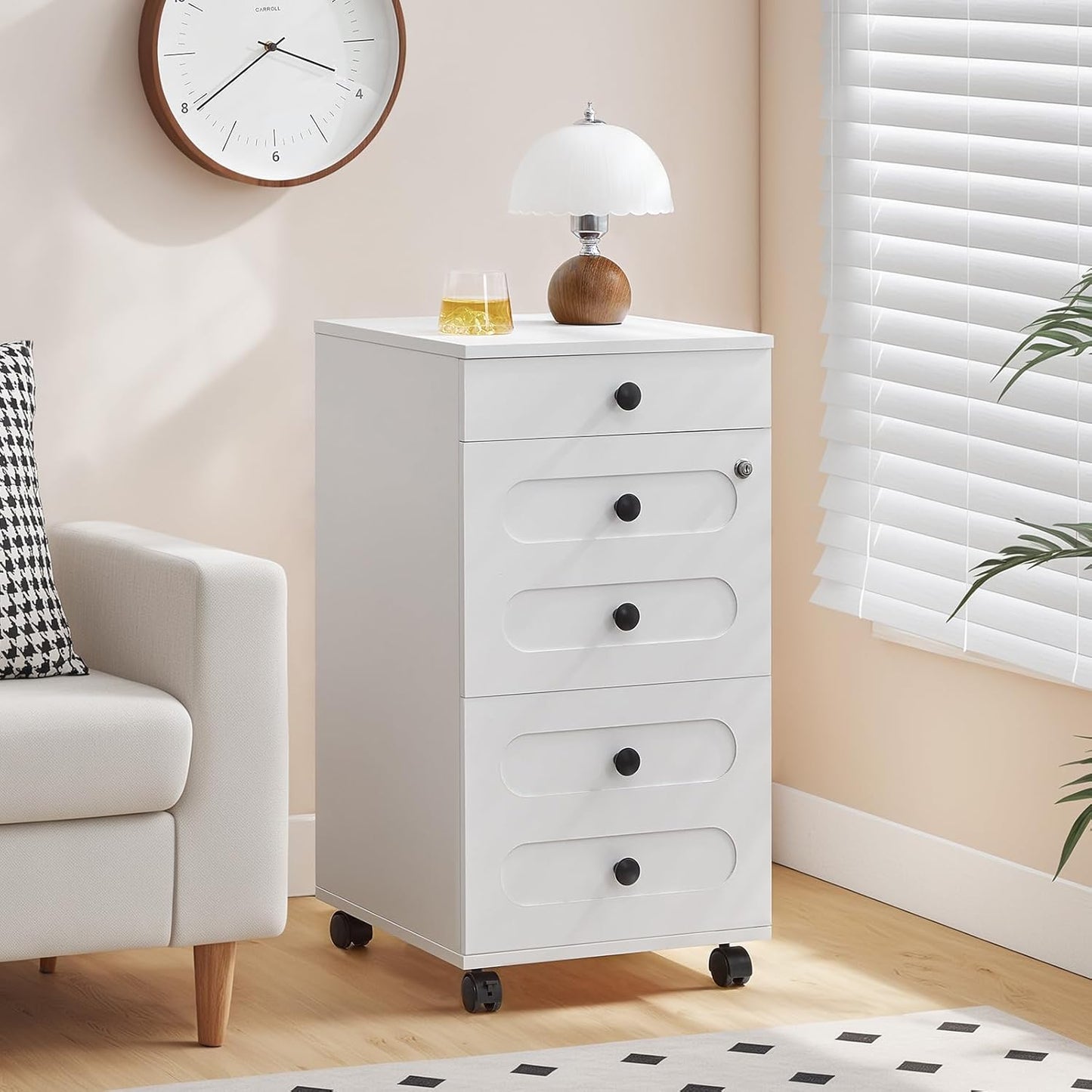 HOOBRO 3 Drawer File Cabinet with Lock, Wooden Farmhouse Office Storage Cabinet, Under Desk Mobile Filing Cabinet fits Letter / A4 Size for Home Office, Modern Rolling Printer Cart, White WT32WJ01