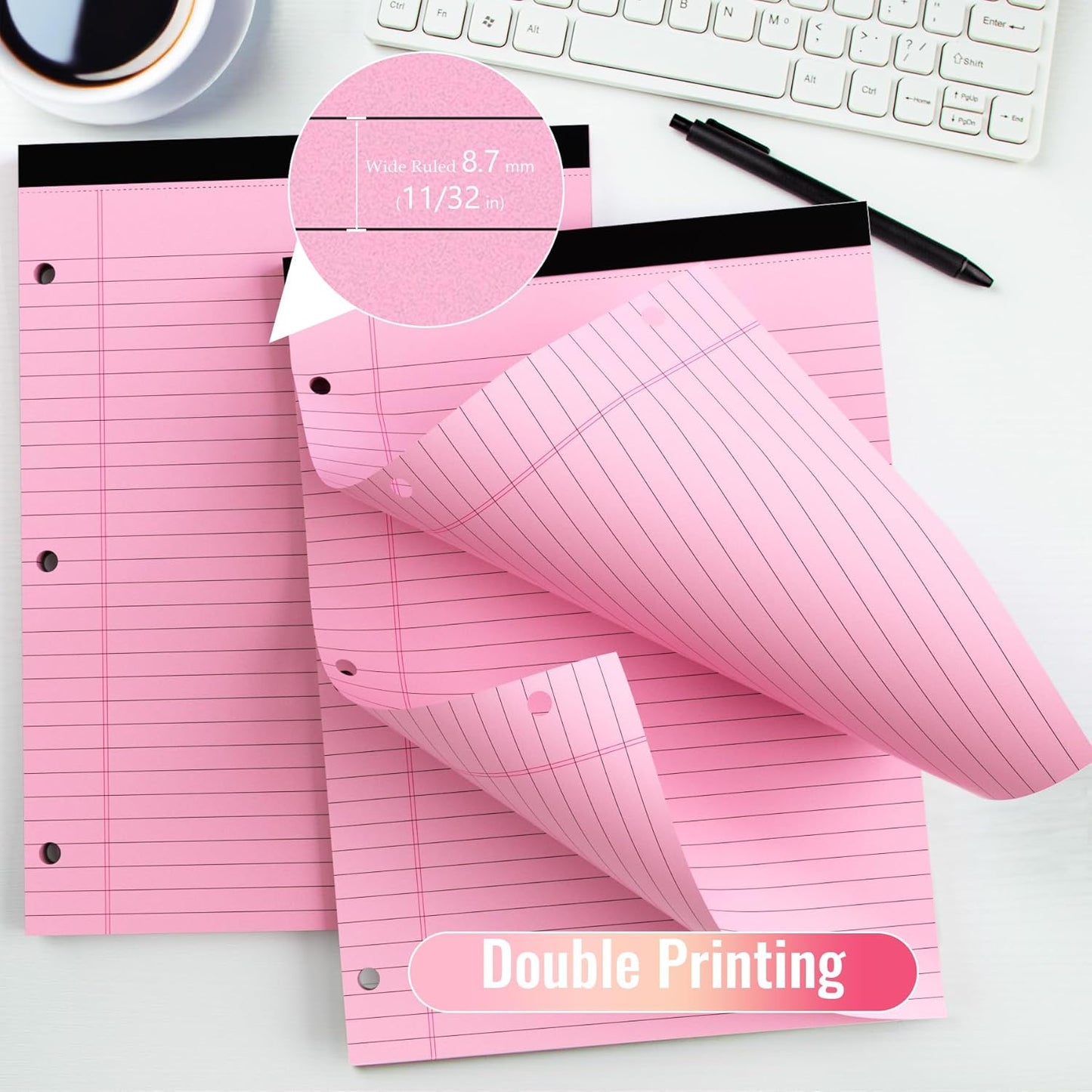 HAUTOCO 6 Pack 8.5 x 11 Legal Pads Pink Wide Ruled Notepads Perforated Writing Pads, 30 Sheets Per Notepad, 3-Hole Punched Paper, Writing Note Pads for School, Home, Office, Business