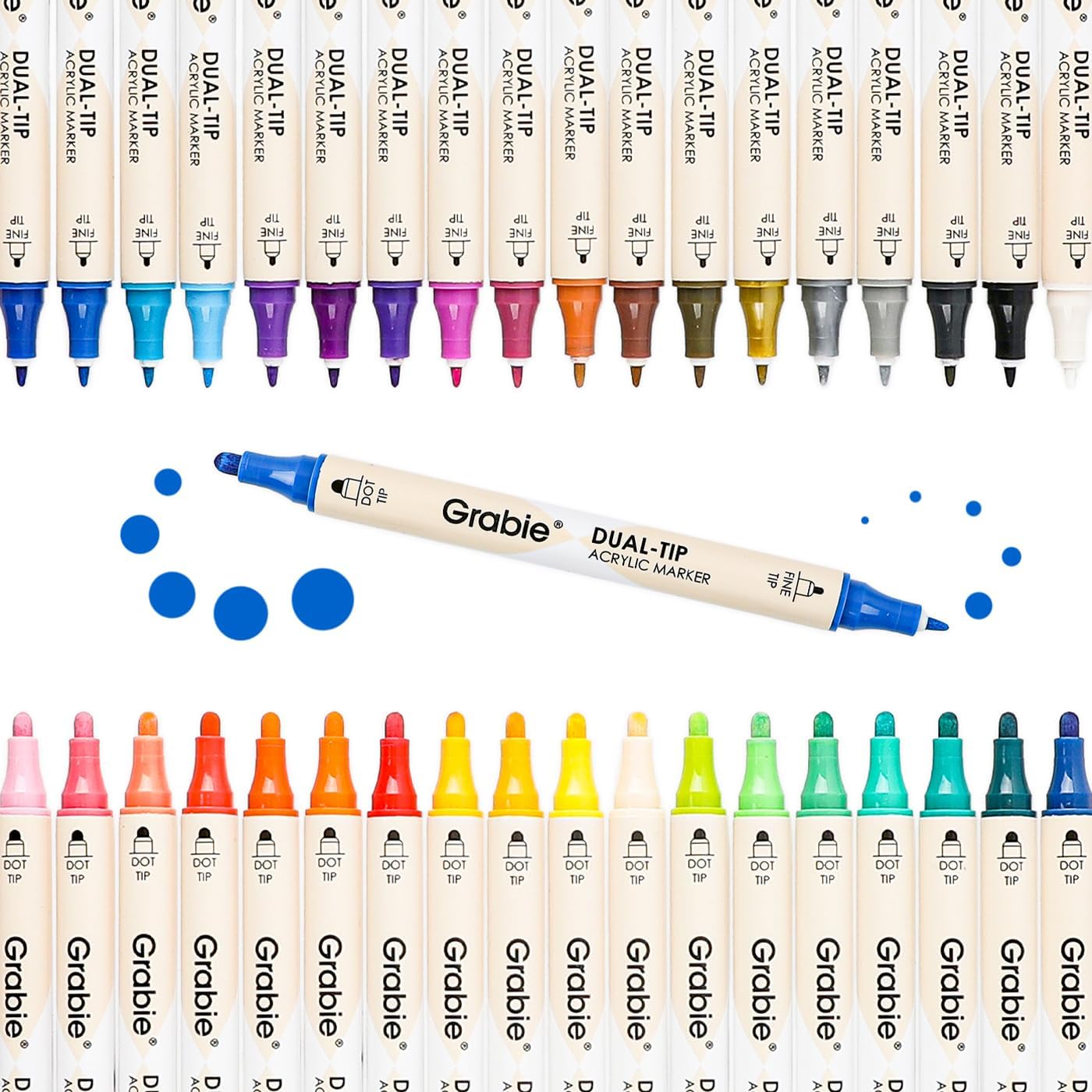 Grabie 36 Dual Tip Acrylic Paint Markers, Acrylic Paint Pens, Fabric Markers for Fabric, Canvas, Rock, Glass, Wood, Paper, DIY, Canvas DIY Art Supplies Kit