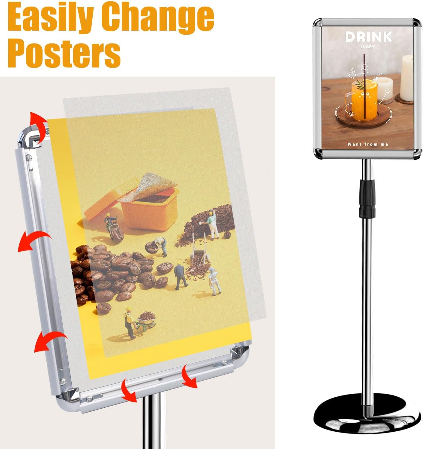 Sign Holder - 8.5 x 11 Inch Standing Floor Sign Stand for Vertical & Horizontal Sign Stand Displayed Pedestal Poster Holder, Snap Frame for School Church Business Show – Silver (6 Pack)
