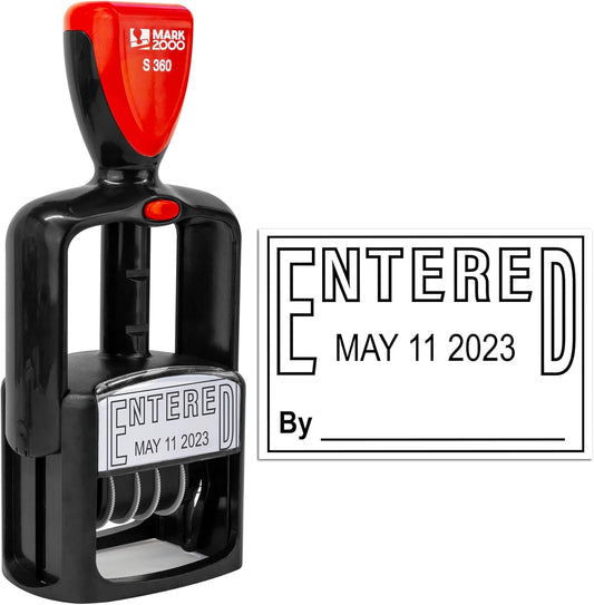 Self-Inking Rubber Date Office Stamp with Entered Phrase - Black Ink - 12-Year Band