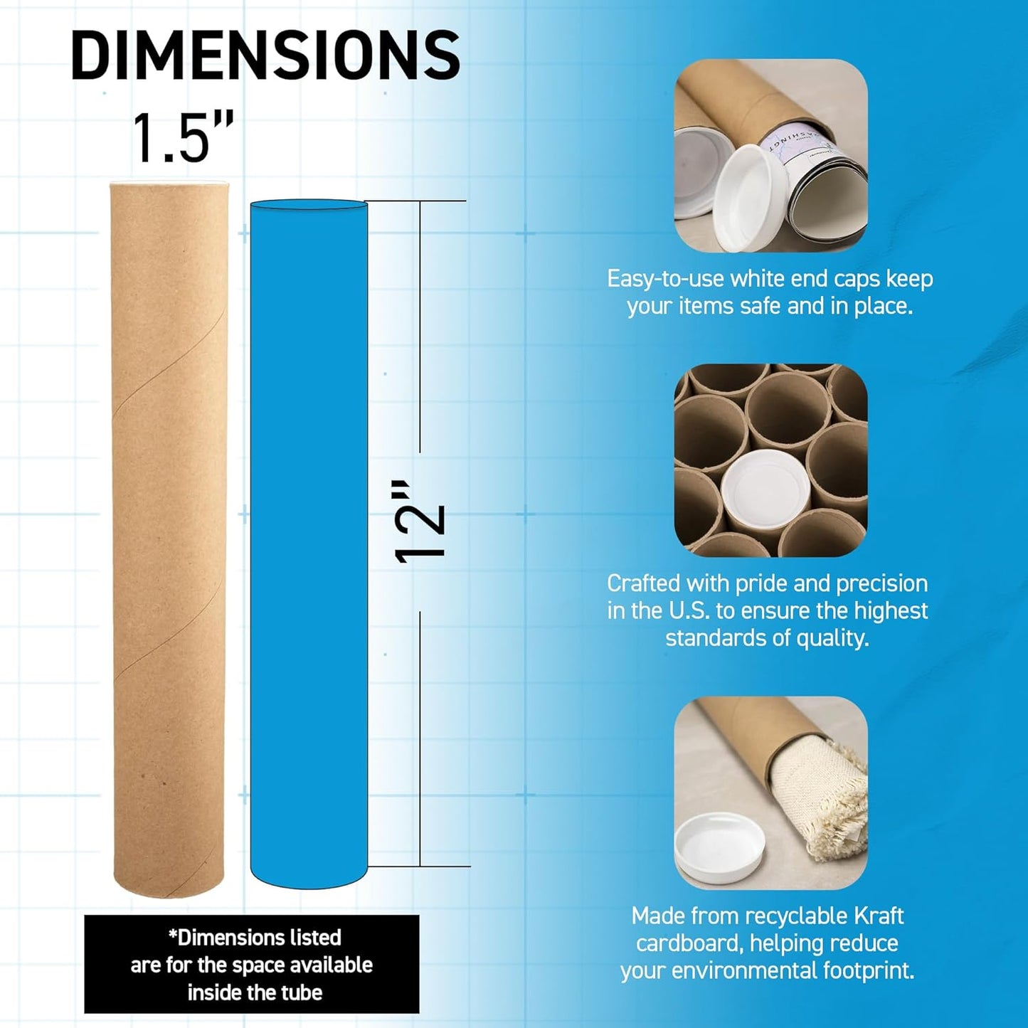 MagicWater Supply Mailing Tube - 1.5 in x 12 in - Kraft - 12 Pack - for Shipping and Storage of Posters, Arts, Crafts, and Documents